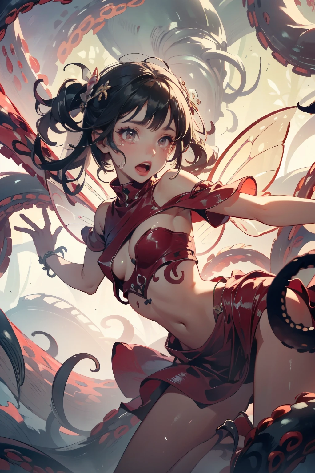  ((best quality)), ((masterpiece)), (detailed), 1 fairy girl, off-shoulder sweater, a fairy, fairy girl, winged pixie girl, girl fairy, various different types of insect wings, small breasts, NSFW，tentacle-like vines, Covered with tentacles, encoiled by tentacles, Tentacles around the body, many tentacles, captured by tentacles, bound by tentacles, trapped by tentacles, Fine details，Tentacled，Tied with tentacles, roaming tentacles, drooling，Crying，horrified expression, panic, fight for survival, helplessness, Detailed body，Full limbs，NSFW, being pulled into a flower, wild environment, jungle, terrifying floral environment, horrific nature, predatory flora, fairy catcher, fairy trapper, fairy catcher plant, tentacle-like vines, fairy trapper-plant, fairy catcher flower, tentacle-like vines, fairy trapper-flower inspired by carnivorous plants; a plant occupying the equivelant evolutionary niche as a spider would 