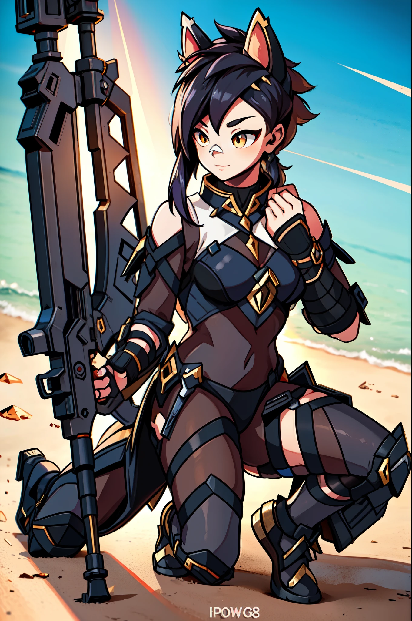 master-piece,hyper quality, hyper detailed,perfect drawing,1 beautiful girl, brown bikini armor, horse ears, horse tail, horse legs, horse fingers, horse mane, hunter's eyes aiming for prey, 3 color mesh hair in black, brown and gray, round eyes, height 180cm, three sizes B88W58H92, blinking, kneeling、pow pause