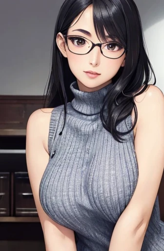 ((Highest quality)), ((masterpiece)), (detailed), One Woman,Beautiful woman,Japanese women,28-year-old married woman,Beautiful body lines,Beautiful Face,Clear Eyes,Hard, Beautiful Skin,Beautiful Hands,Beautiful feet,Long limbs,Black Hair,Beautiful long hair,Shiny Hair,Thin lipouth half open,Big Breasts,Blushing,blush,Embarrassed expression,Heavy breathing,Expressions of Ecstasy,Black-rimmed glasses,Dull eyes behind glasses,
Full Body Shot,Are standing,Leaning forward,Writhing Woman,
wearing a gray knit sweater,Turtleneck sweater,Sleeveless sweater,Sleeveless sweater,Beautiful clavicle,The sweater fits the woman snugly.'Body,乳首がAre standing,The fabric of the sweater is thin,NSFW love juice running down thighs,You're seducing me???Crying face,Climax expression,Ecstasy Facial Expressions,Orgasm facial expression,blush,A lot of love juice comes out of the mouth,Pussy in full view,Plenty of love juice from the pussy