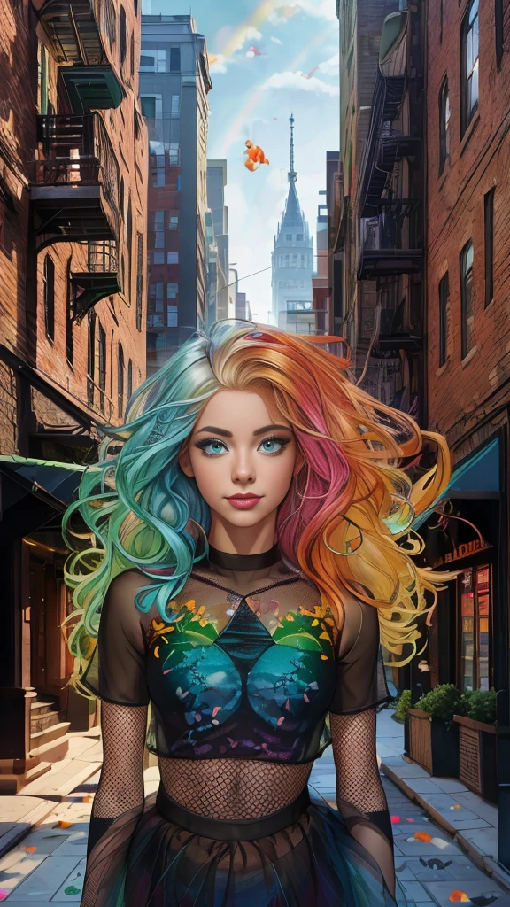 Mature age girl, curly blonde rainbow coloured hair, ((rainbow eyeliner mascara)), ((black sheer mesh see through transparent top)), tutu skirt, fishnet stockings, ((naked)), small perfect breasts, ((1 large goldfish floating in the air)), Caucasian, ((one blue eye, one green eye)), smile