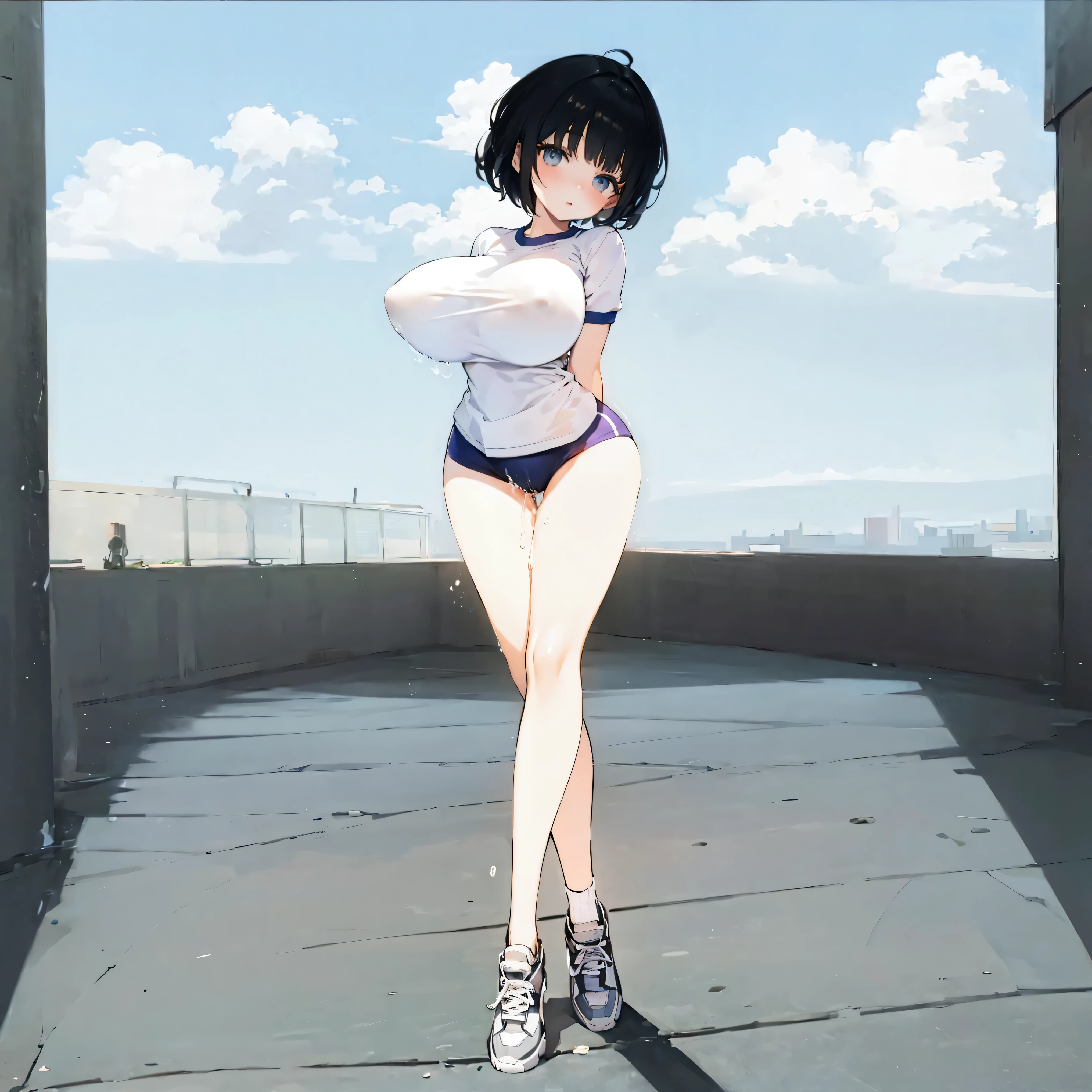 (solo), skinny girl standing in primary school, arms behind back, (very short tight brm), (thigh gap:1.2), (gym uniform), (swaying back), (show off cameltoe for viewer:1.2), (bursting huge breasts:1.2), (disproportionately huge breasts), BREAK, long (skinny legs), BREAK, school buildings in background, BREAK, nsfw, orgasm, (excessive pussy juice), expressionless, coverd erectile nipples, (coverd erectile clitoris:1.2)