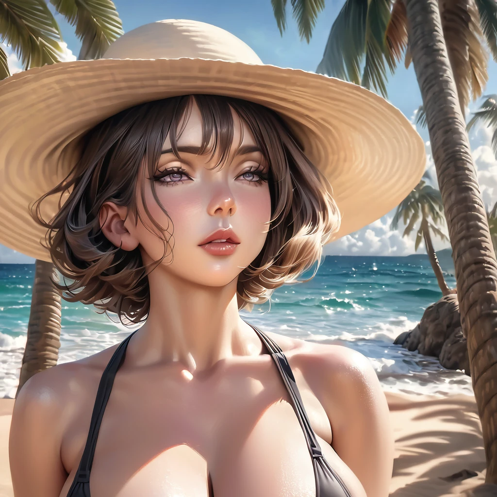 A beautiful detailed young woman with long dark hair, Hinata Hyuga, wearing a white sun hat and a revealing swimsuit on a tropical beach, stunning detailed face, beautiful detailed eyes, beautiful detailed lips, extremely detailed face and features, longeyelashes, large breasts, serene ocean scenery, swaying palm trees, (best quality,4k,8k,highres,masterpiece:1.2),ultra-detailed,(realistic,photorealistic,photo-realistic:1.37),realistic portrait,high quality digital art,soft warm lighting,vibrant colors,natural beach setting