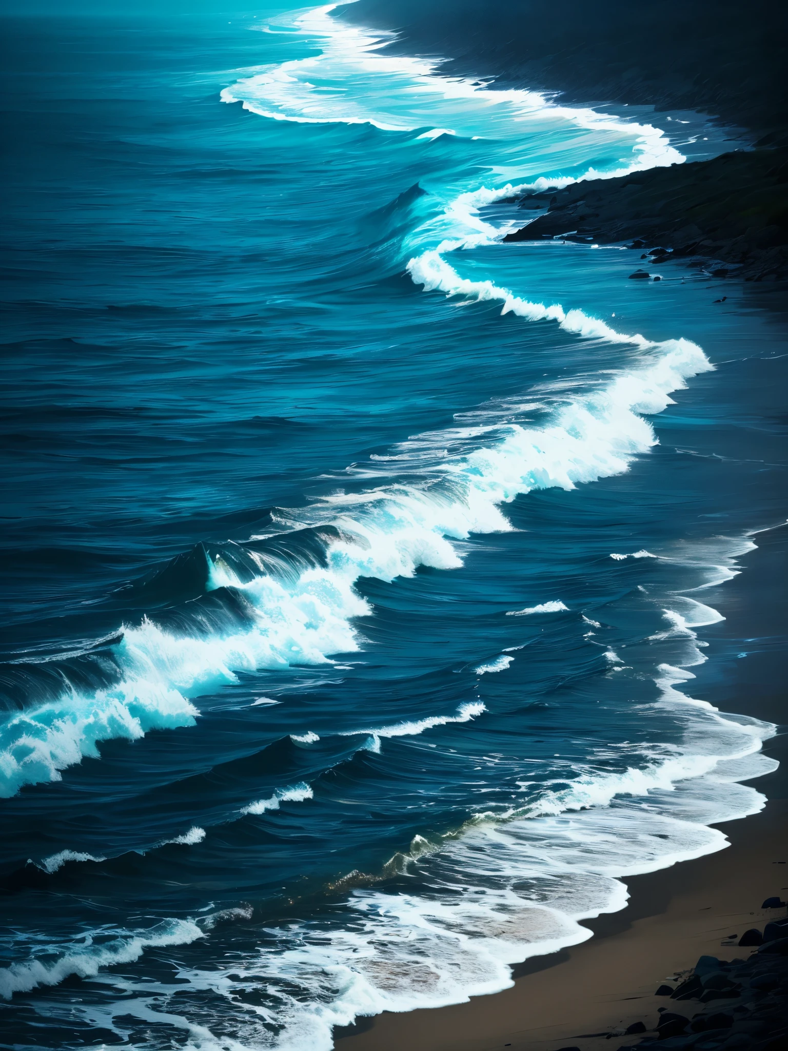 a close up of a beach with a light on the shore, a photorealistic painting by Alison Geissler, tumblr, conceptual art, makes the sea area glowing water, blue bioluminescence, bright blue glowing water, glowing water, glowing blue, glow wave, bioluminescent glow, [ bioluminescent colors ]!!