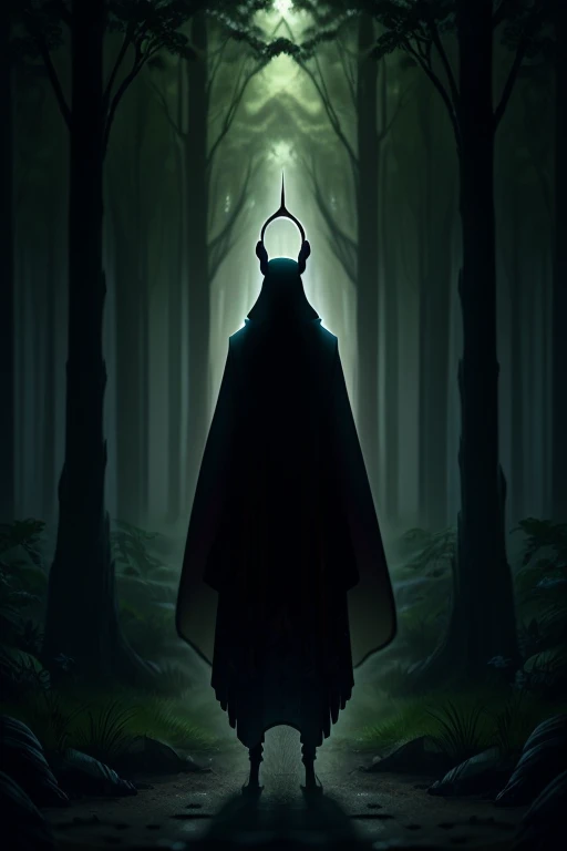high resolution、Delicate depiction、８K、Fantasy、in the forest、昼なのに暗いin the forest、Creatures standing before your eyes、３meter、silhouette、２Benzu、upright、Fine details are not visible、Shadow、A monster similar to a praying mantis