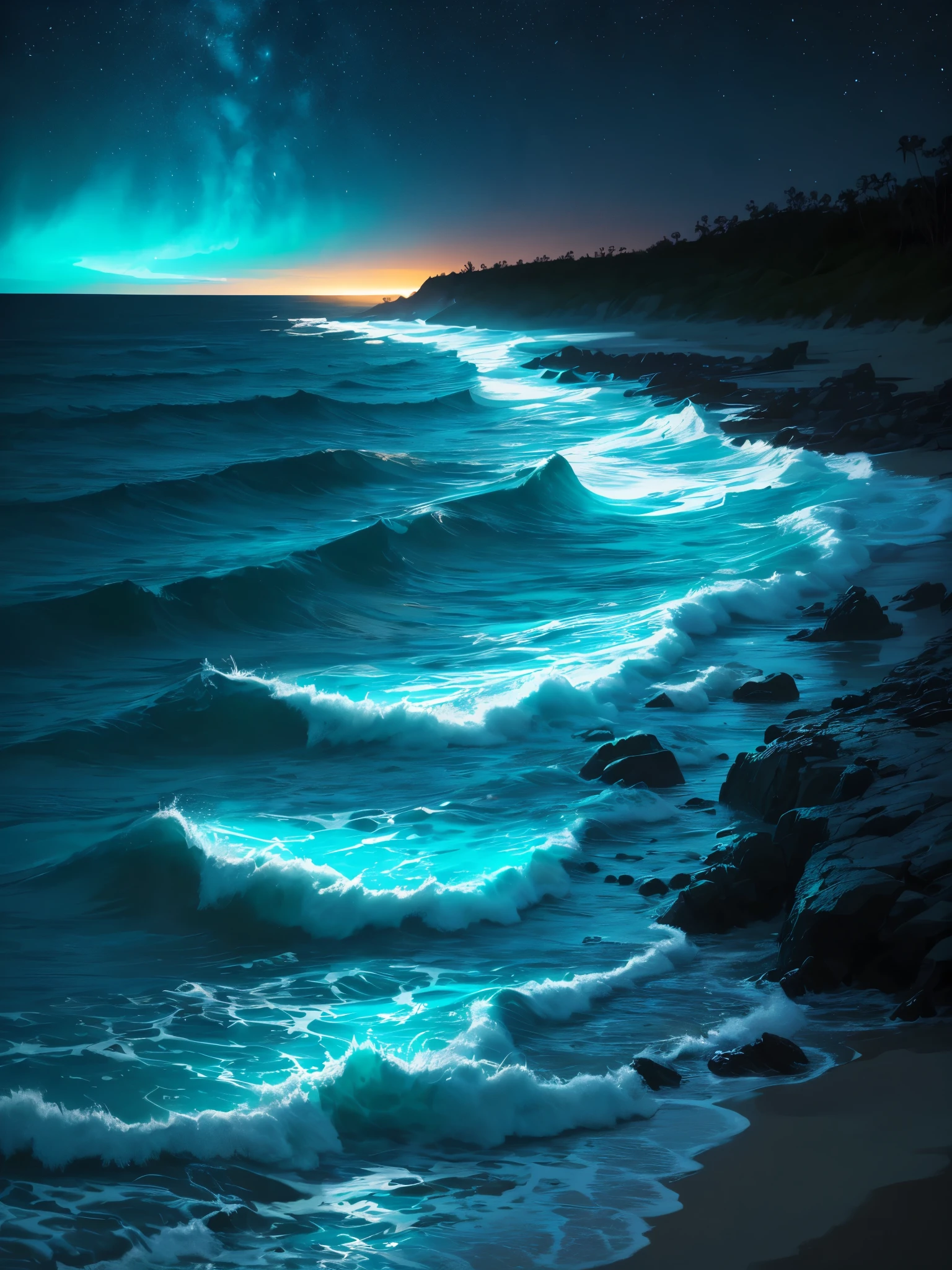 a close up of a beach with a light on the shore, a photorealistic painting by Alison Geissler, tumblr, conceptual art, makes the sea area glowing water, blue bioluminescence, bright blue glowing water, glowing water, glowing blue, glow wave, bioluminescent glow, [ bioluminescent colors ]!!