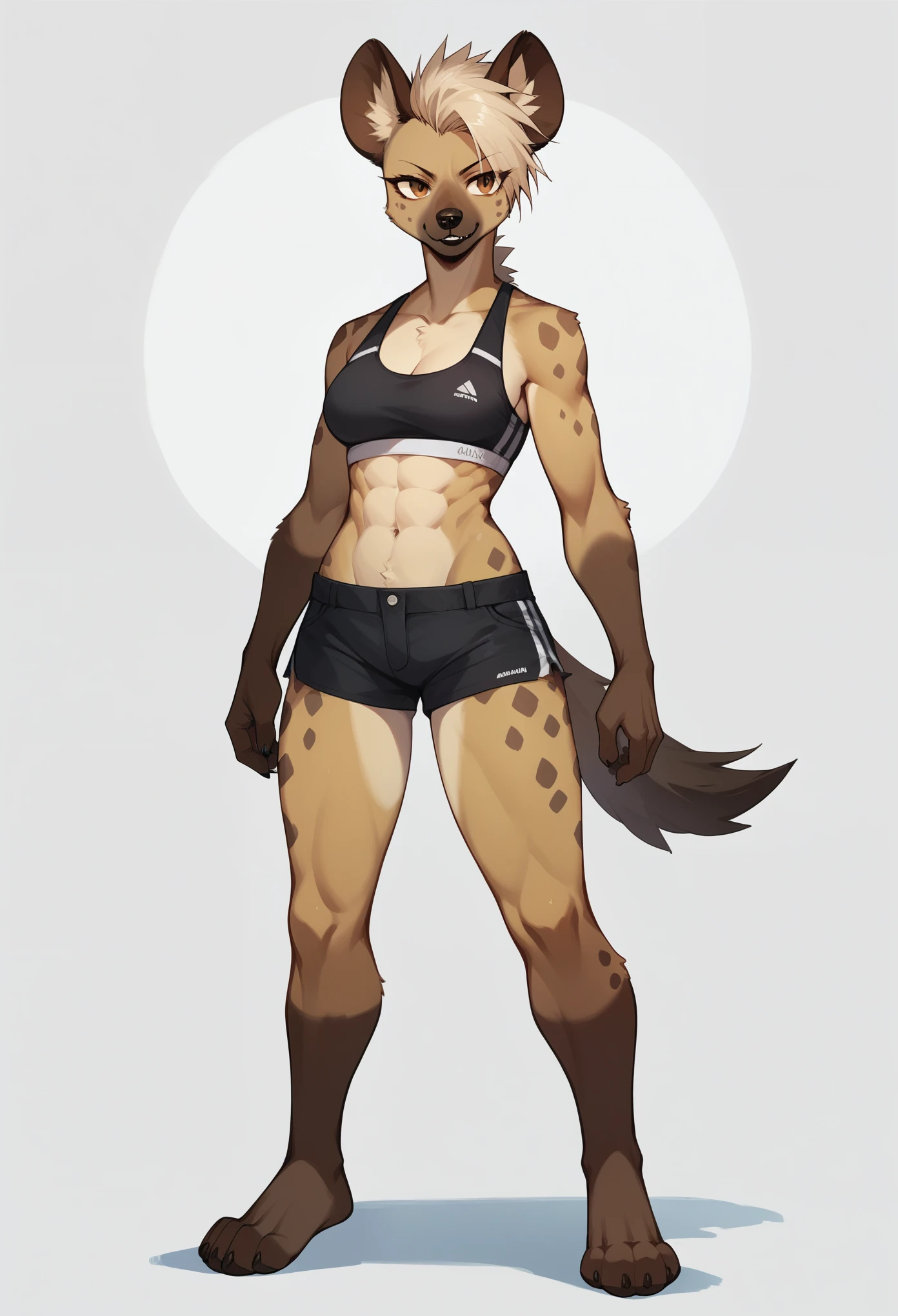 Solo, score_9,score_8_up,score_7_up, score_6_up, source_anime, kemono style, Trisha, a tall female spotted hyena, brown snout, black nose, brown eyes, short spiked undercut platinum blonde hair, black lips, hyena tail, brown hyena ears, wearing black sports bra, black short shorts, barefoot, 4 toes, abs, standing, simple white background 