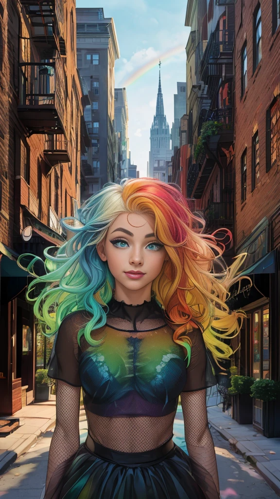 Mature age girl, curly blonde rainbow coloured hair, ((rainbow eyeliner mascara)), ((black sheer mesh see through transparent top)), tutu skirt, fishnet stockings, ((naked)), small perfect breasts, ((1 large goldfish floating in the air)), Caucasian, ((one blue eye, one green eye)), smile
