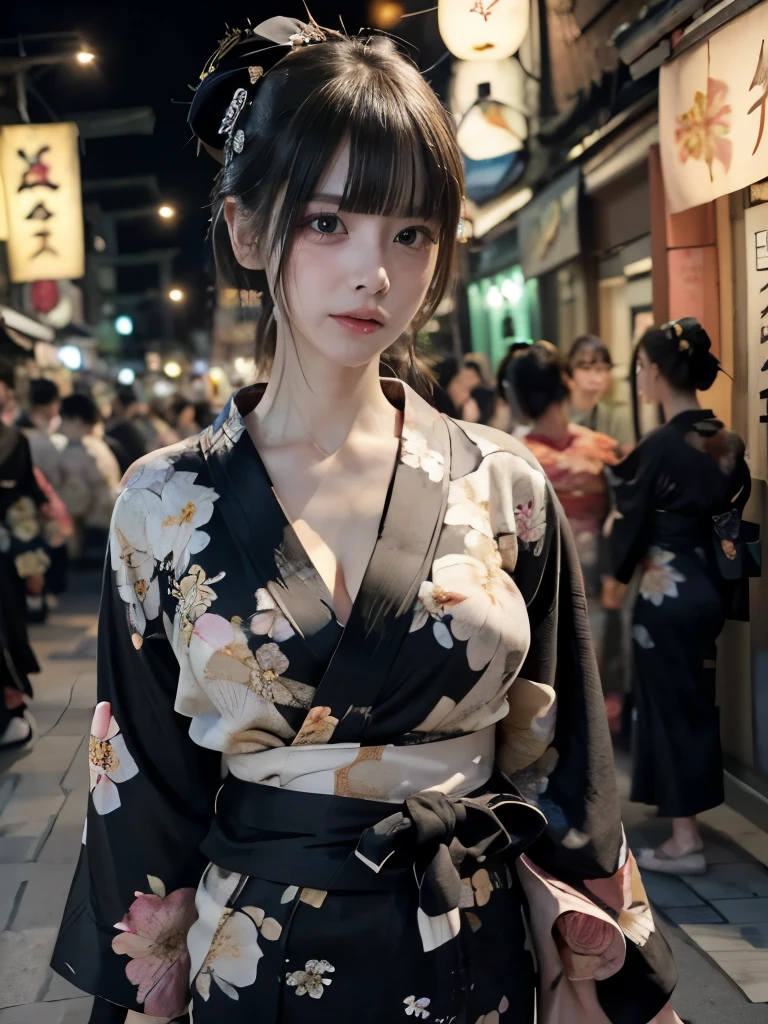 raw photo, 8k, (top-quality), Realistic, (real picture, Intricate details), (natural skin texture, detailed skin, hyper realism, sharpness), (pale skin:1.5), Japanese teenage girl walking in shopping street at night, exposing cleavage, (sexy floral black yukata:1.5), slender body, bun hairstyle, blunt bangs, night time