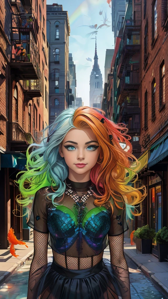 Mature teenage girl, curly blonde rainbow coloured hair, ((rainbow eyeliner mascara)), ((black sheer mesh see through transparent top)), tutu skirt, fishnet stockings, ((naked)), small perfect breasts, ((1 large goldfish floating in the air)), Caucasian, ((one blue eye, one green eye)), smile