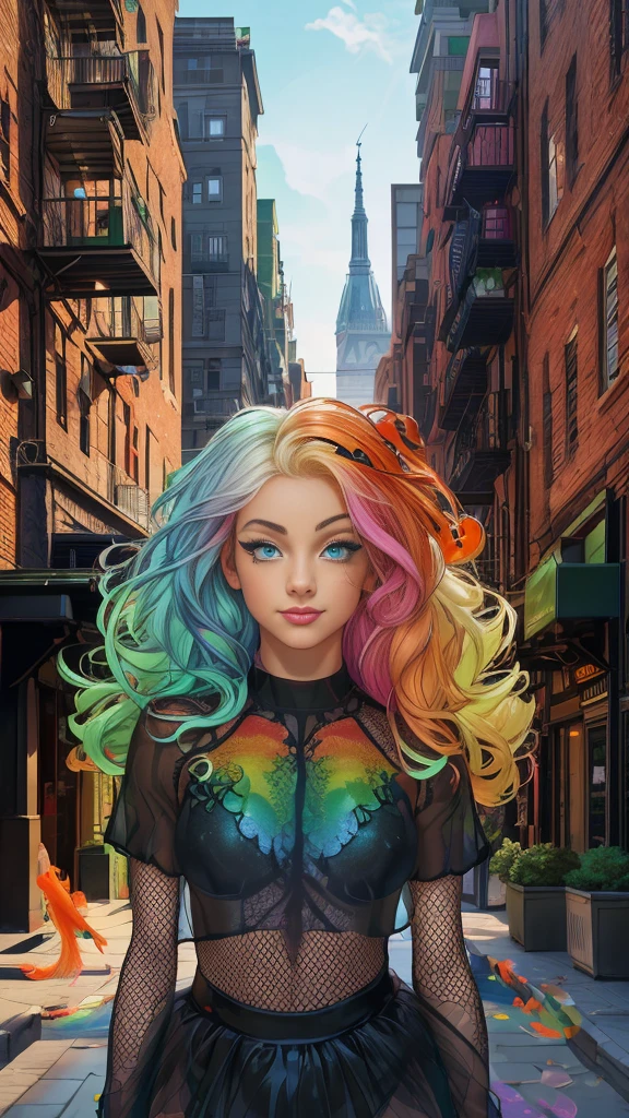 Mature teenage girl, curly blonde rainbow coloured hair, ((rainbow eyeliner mascara)), ((black sheer mesh see through transparent top)), tutu skirt, fishnet stockings, ((naked)), small perfect breasts, ((1 large goldfish floating in the air)), Caucasian, ((one blue eye, one green eye)), smile