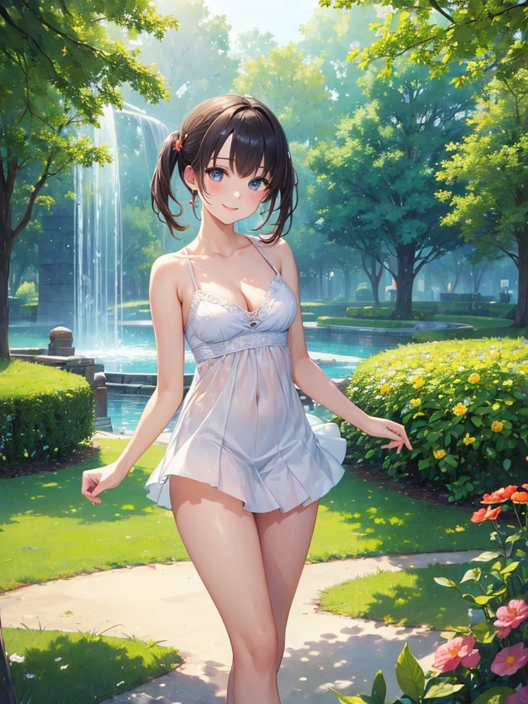 (masterpiece:1.5),(Beat quality),(high res),1girl solo,beautiful face,smile,(shining eyes),upper body,light effects,Woman in summer clothes,The background is a theme park, sexy girl,