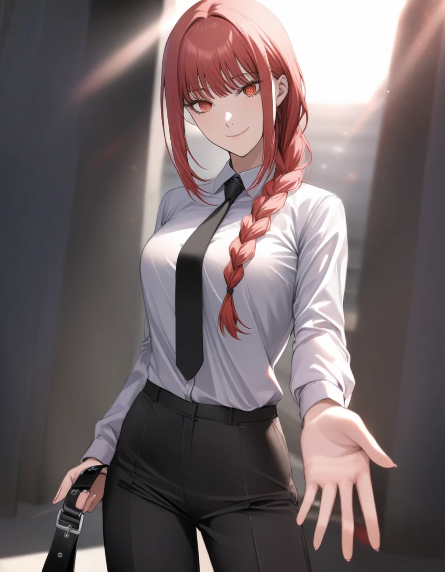 1girl,makima(chainsaw_man),black_necktie,black_pants,braid,braided_ponytail,breasts,closed_mouth,collar,collared_shirt,cowboy_shot,fingernails,giving,hair_over_shoulder,head_tilt,holding dog leash,long_hair,long_sleeves,looking_at_viewer,necktie,outstretched_arm,pants,red_eyes,red_hair,ringed_eyes,shirt,smile,solo,sunlight,unworn_collar,white_shirt,