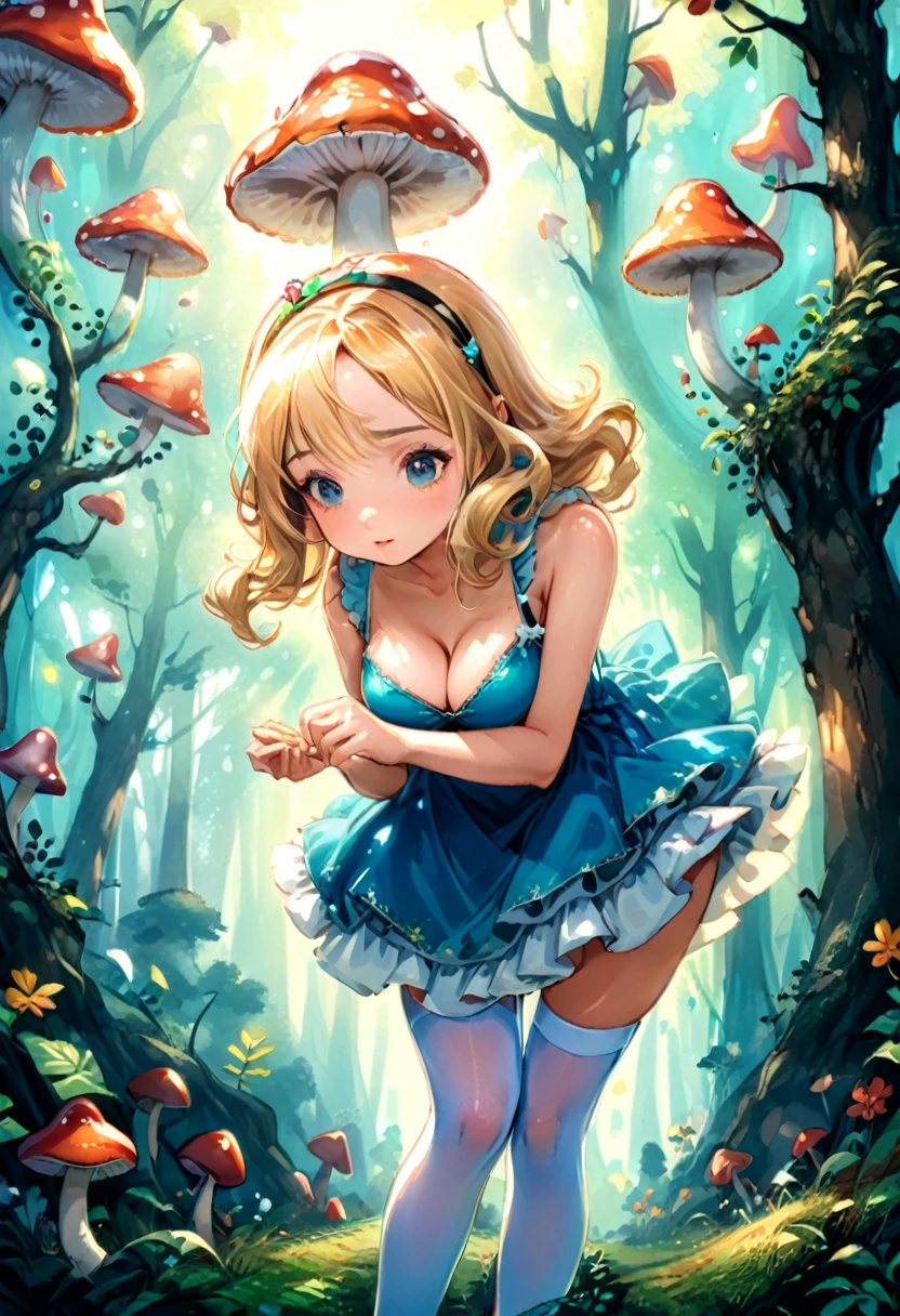 a beautiful 20 year old blonde woman with big messy hair in a blue dress, white stockings, black headband, cleavage, bending over to grab a glowing mushroom off the grassy forest floor, below shot, fantasy art style, rossdraws cartoon vibrant, alice in wonderland cyberpunk, cute detailed digital art, colorfull digital fantasy art, digital fantasy art ), glossy digital painting, rossdraws pastel vibrant, rossdraws 2. 5, rossdraws 1. 0