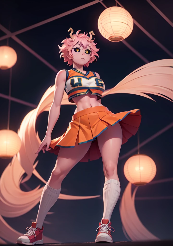 mina ashido, 1girl, solo, looking at viewer, short hair, simple background, yellow eyes, pink hair, horns, colored skin, colored sclera, black sclera, pink skin, U.A. CheerUniform, orange skirt, (bare belly), perfect shading, bare shoulders, big breasts