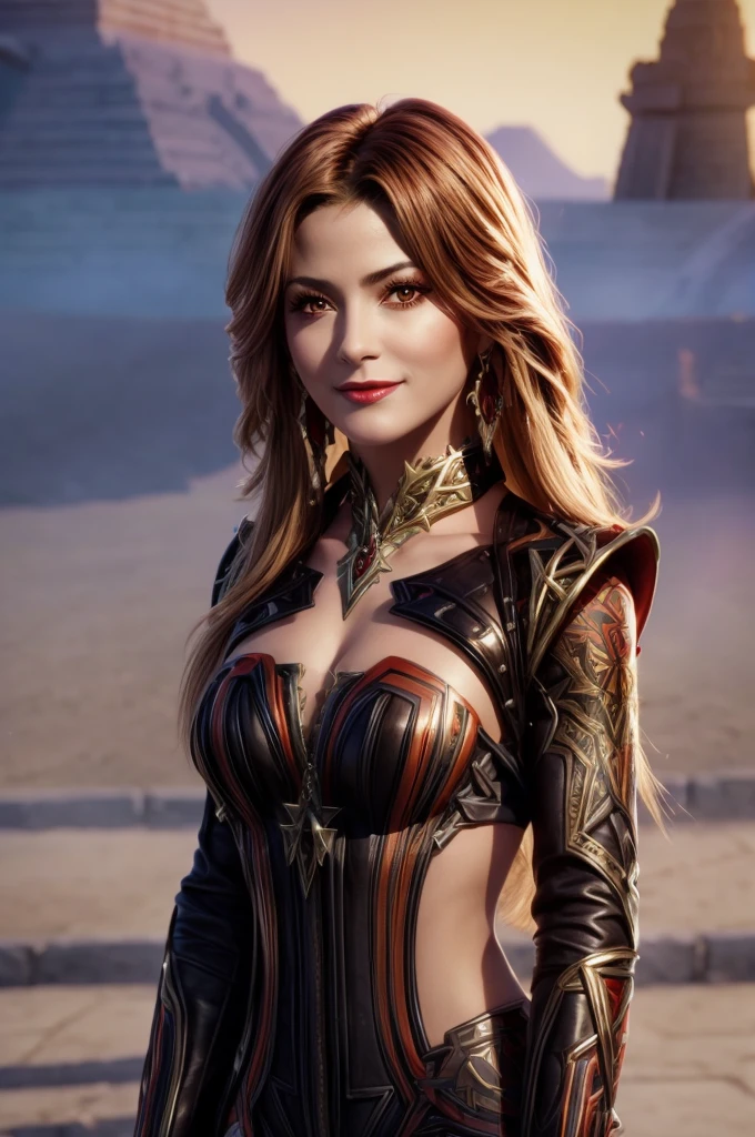 A adult girl in realistic portrait of high quality and detail, dark fantasy movie style, Mavuika (Genshin Impact), red lips, red and yellow eyes, black and red full clothes, covered chest, red flame aura (best quality:1.2), intricate details, (highly detailed skin:1.2), smile expression, posing, taut and well defined body, attractive. Highly realistic, tanned skin, beautiful, hyperrealism, skin very elaborated, glow, eye shadow, 1girl, Depth & Perspective, smiling on her face, fine face, She is standing in the middle of the battle arena, outdoors, Aztec pyramid on the background, looking at viewer, (ultra-high detail:1.2), Masterpiece, Best Quality, Ultra-detailed, Cinematic lighting, 8K, delicate features, cinematic, 35 mm lens, f/1.9, highlight lighting, global lighting –uplight –v 4, cinematic, Cinematic lighting, 8K, high quality, Highest Quality, (Solo Focus), (extremly intricate:1.3), (Realistic), masterful, Analog style, (Film grain:1.5), (warm hue, cold tone),