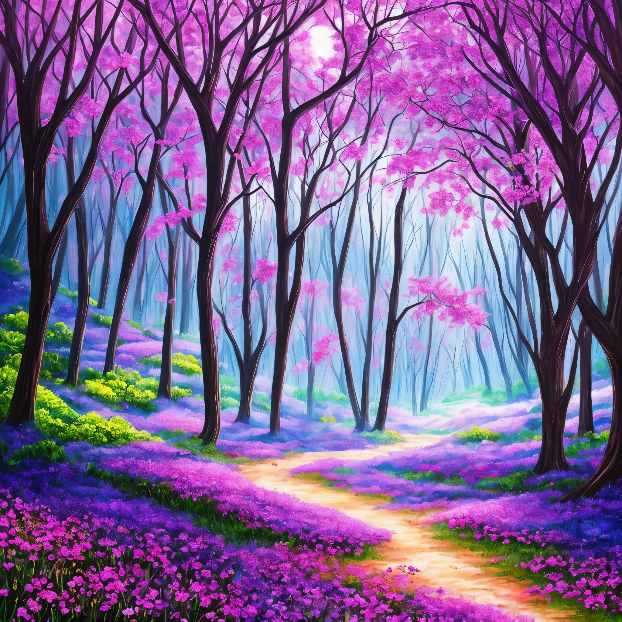 a painting of a purple forest with flowers and trees, magical fantasy forest, very magical and dreamy, magical forest in the background, magical colors and atmosphere, magical colours and atmosphere, magical forest, magic fairy forest, magical landscape, enchanted magical fantasy forest, magical environment, fantasy forest, lost in a dreamy fairy landscape, anime beautiful peace scene, mystical forest lagoon