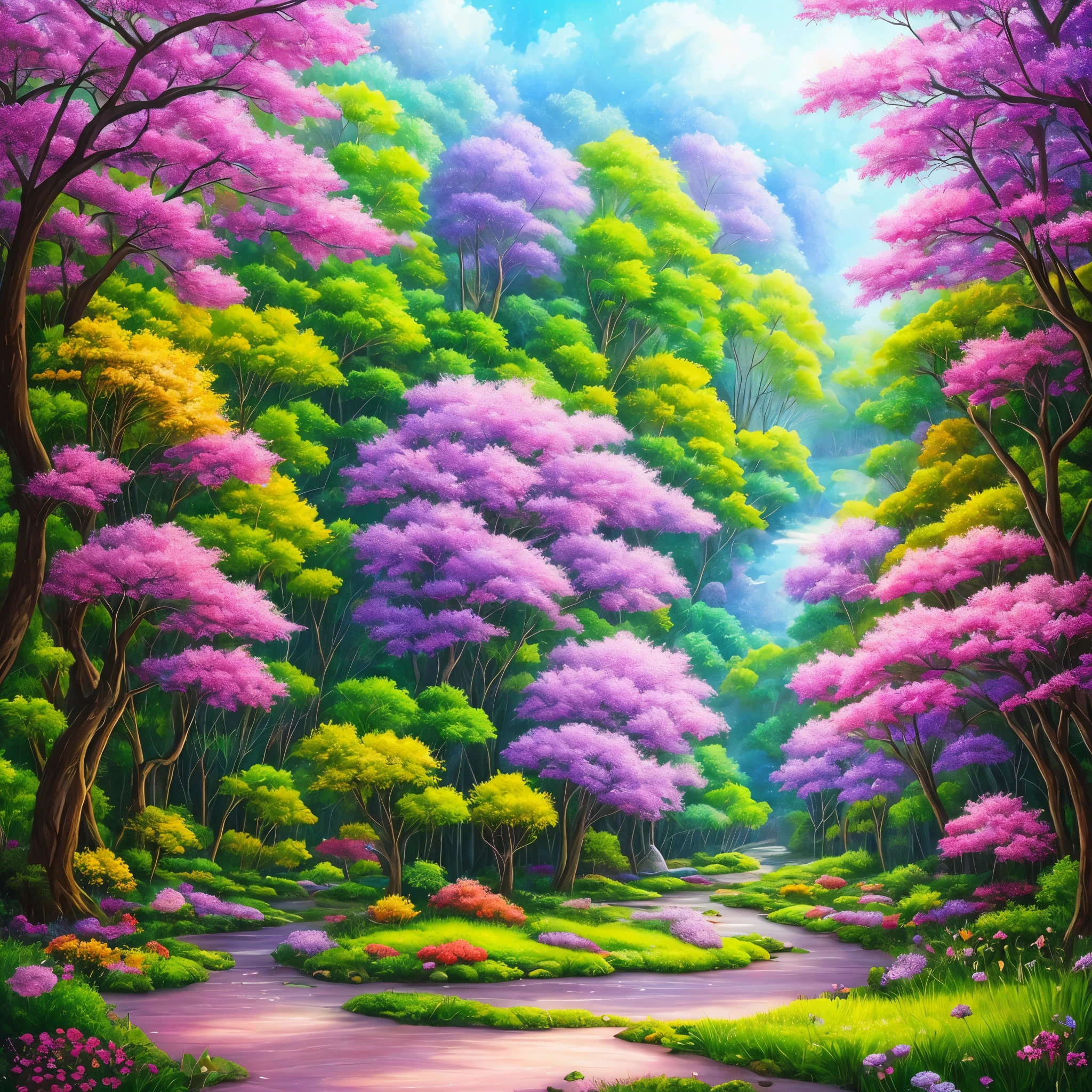 a painting of a purple forest with flowers and trees, magical fantasy forest, very magical and dreamy, magical forest in the background, magical colors and atmosphere, magical colours and atmosphere, magical forest, magic fairy forest, magical landscape, enchanted magical fantasy forest, magical environment, fantasy forest, lost in a dreamy fairy landscape, anime beautiful peace scene, mystical forest lagoon