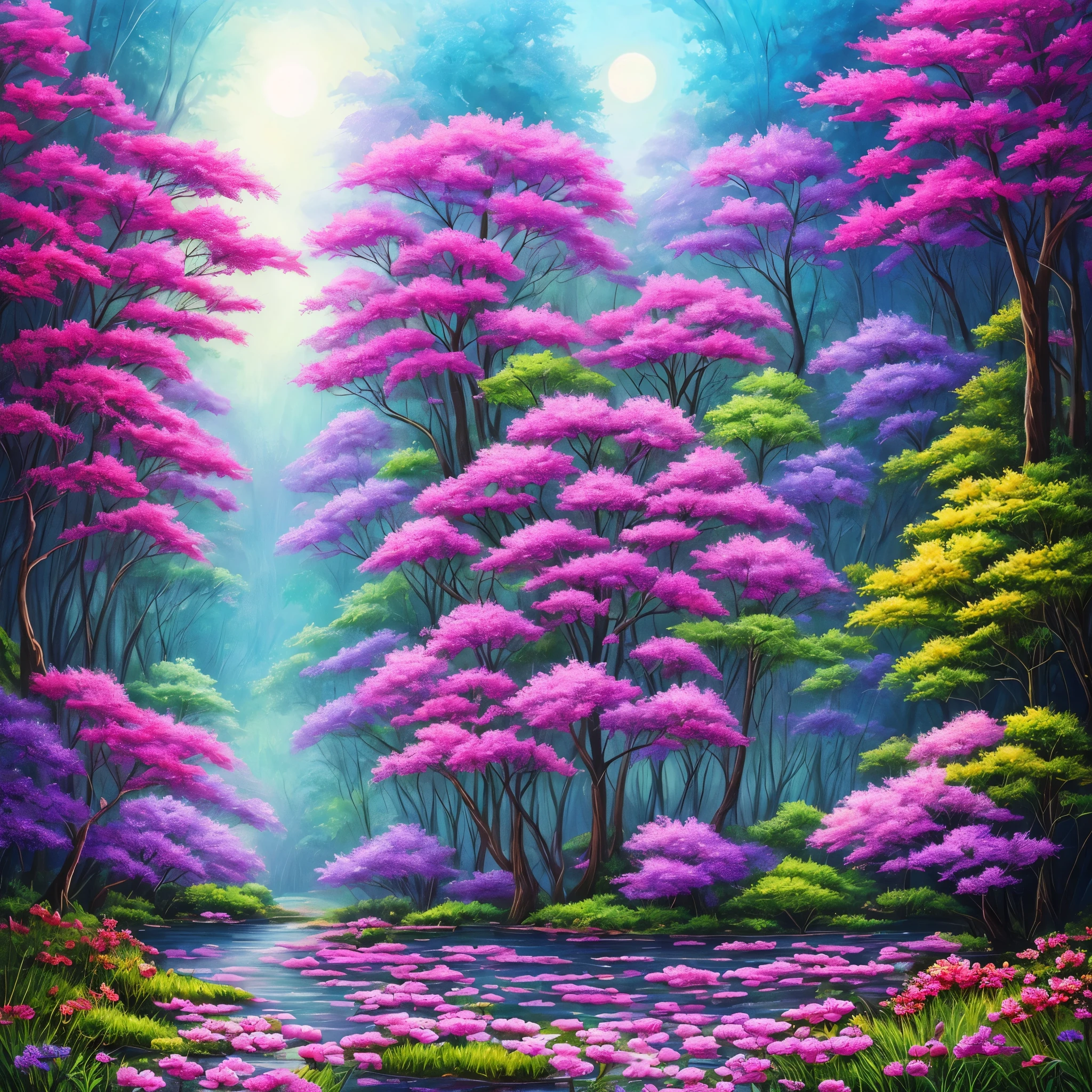 a painting of a purple forest with flowers and trees, magical fantasy forest, very magical and dreamy, magical forest in the background, magical colors and atmosphere, magical colours and atmosphere, magical forest, magic fairy forest, magical landscape, enchanted magical fantasy forest, magical environment, fantasy forest, lost in a dreamy fairy landscape, anime beautiful peace scene, mystical forest lagoon