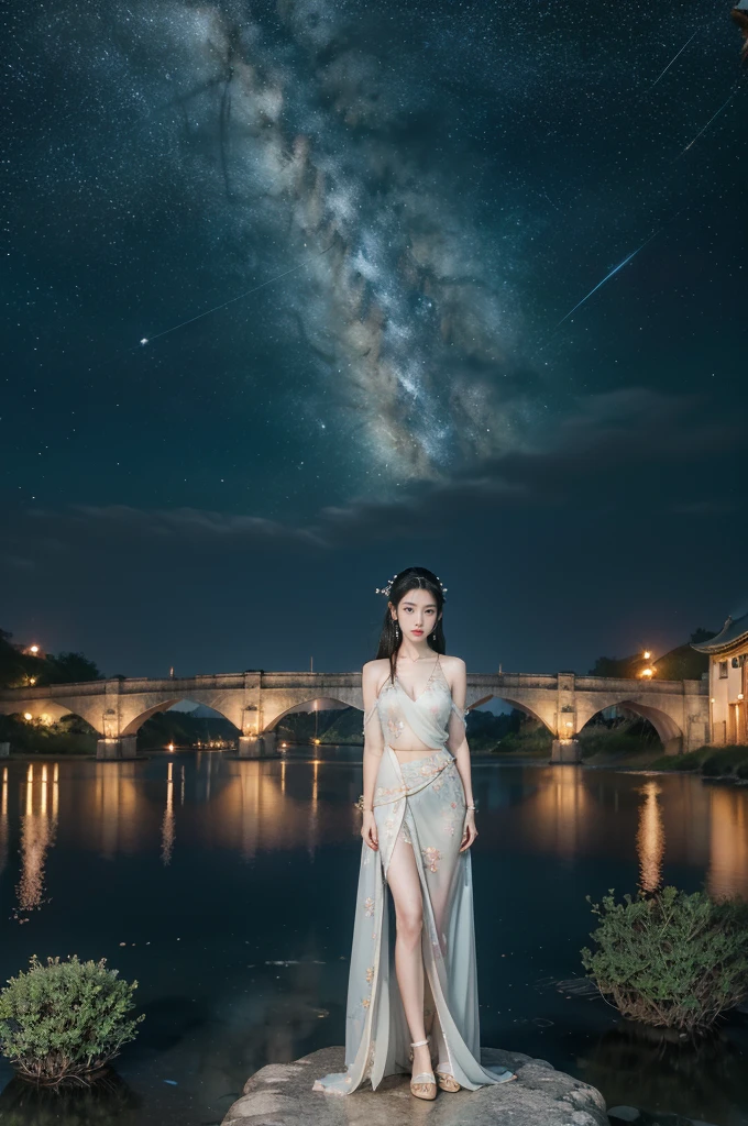 (((best quality))),(((ultra detailed))),(((masterpiece))),illustration,((1 beautiful girl,solo)),(shoulder length straight hair:1.2),((earrings,necklace)),((slim,thin)),((small breasts,flat chest)),(gorgeous sheer red Hanfu:1.5),(slender legs:1.2),(loafers:1.2),(standing:1.3),(arms behind back:1.5),(on the stone arch bridge:1.3),((starry sky,the Milky Way,horizon)),elegance, grace, sophisticated updo, delicate hairpins, twinkling stars, radiant smile, bright eyes, wonder, beauty of the night sky, intricate patterns, flowers, birds, vibrant colors, ethereal, enchanting, old bridge, weathered, sturdy, natural surroundings, serene, peaceful atmosphere, rippling water, stars, graceful silhouette, magic, tranquility, twinkling stars, mesmerizing canopy of light, cool air, crisp, faint scent of blooming flowers, contemplation, admiration, ancient China, timeless, rich culture, traditions, captivating, enchanting atmosphere, myth, legend,((from front,full body))