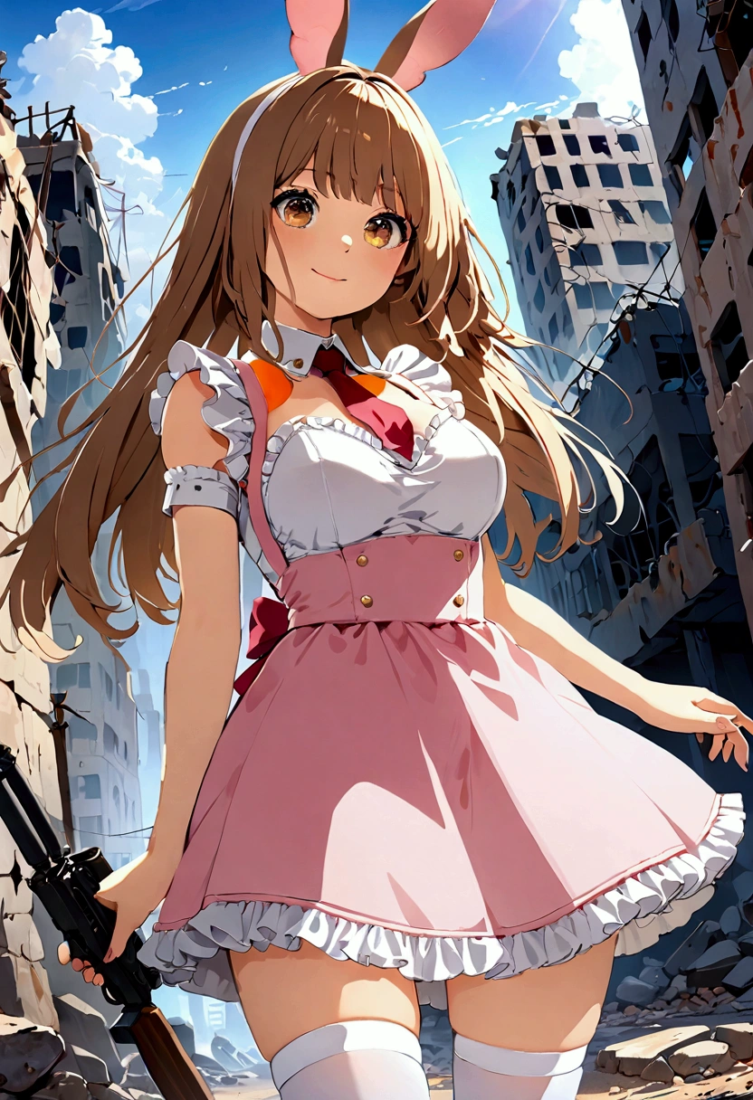 ((1girl)),  super fine illustration, vibrant colors, absurdres extremely detailed CG, 8k wallpaper, (masterpiece:1.3), dynamic angle, dynamic pose, 
best quality, depth of field, cinematic lighting, ultra detailed, brown long hair, very straight hair, large breast, white knit dress , 20yo, cute, very , brown eyes, kawaii, tender smile, droopy eyes, arms at sides, pink leotad, white mechanic bunny ear, red necktie, pink maid uniform, white thighhighs pantyhose, modern military rifle, ruin city, Post-apocalypse