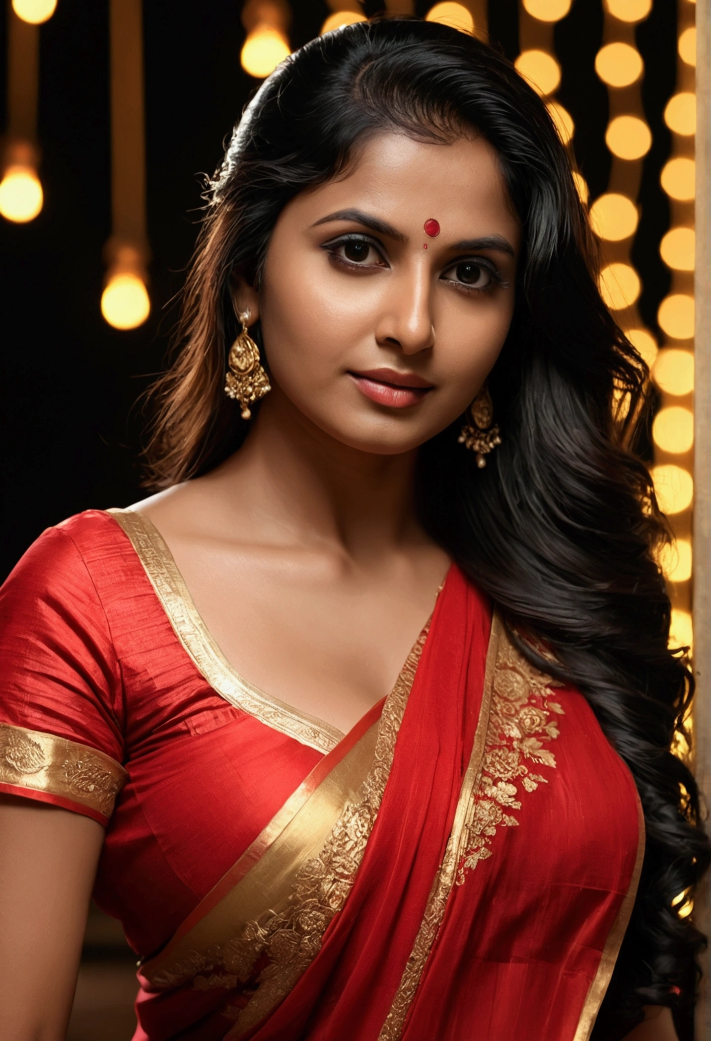 Portrait of women sexy wearing saree, 35 year old, perfect Indian woman, long stylish hair, wet hair, seductive, big breasts and cleavage, Beautiful face,upon_body, tyndall effect,photorealistic, dark studio, rim lighting, two tone lighting,(high detailed skin:1.2), 8k uhd, dslr, soft lighting, high quality, volumetric lighting, candid, Photograph, high resolution, 4k, 8k, Bokeh