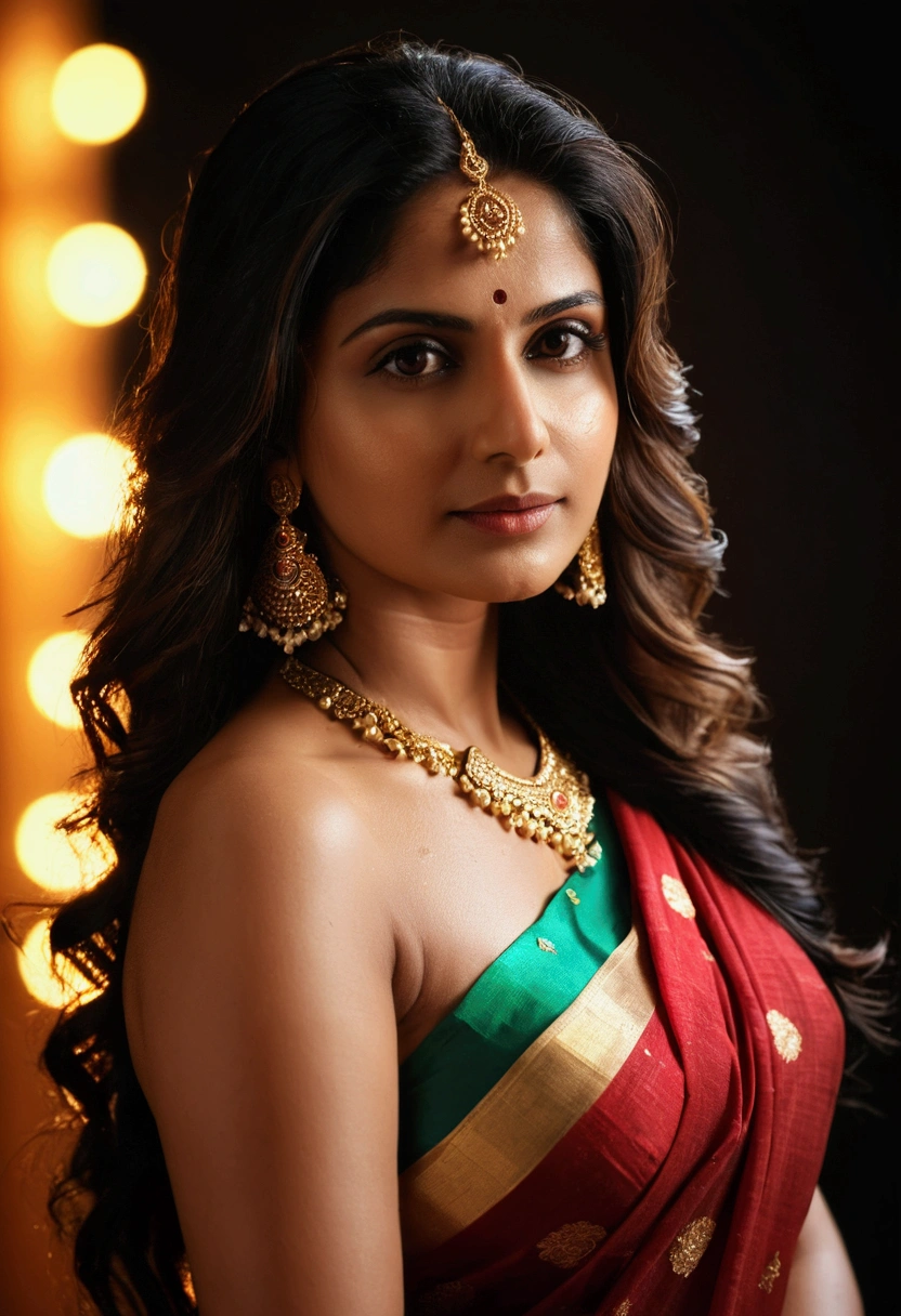 Portrait of women sexy wearing saree, 35 year old, perfect Indian woman, long stylish hair, wet hair, seductive, big breasts and cleavage, Beautiful face,upon_body, tyndall effect,photorealistic, dark studio, rim lighting, two tone lighting,(high detailed skin:1.2), 8k uhd, dslr, soft lighting, high quality, volumetric lighting, candid, Photograph, high resolution, 4k, 8k, Bokeh