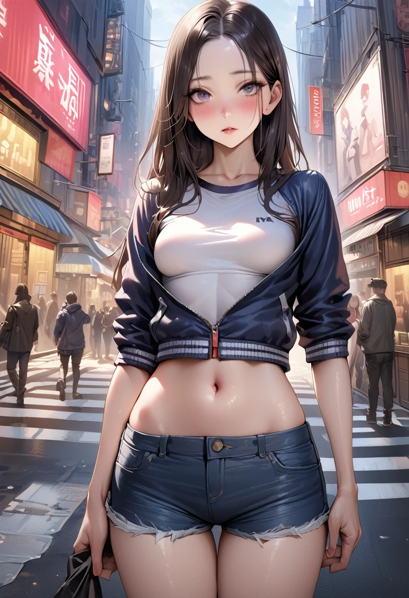(((masterpiece,Highest quality:1.3,best quality illustration))),((realistic:1.3)),cowboy shot,独奏,1woman,(30 year old beauty),black hair,straight long hair,forehead,center parted bangs,black eyes,(gorgeous big eyes),((very small head:1.2)),blush,((very long body,skinny,slender body)),((Navy blue baseball jacket)),small breasts,gleaming skin,oily skin,denim micro shorts,navel、White tube top shirt,on street,New York City、
