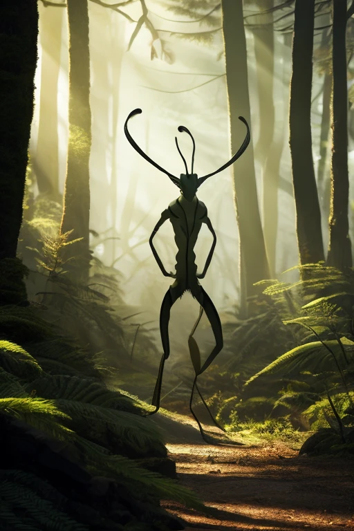 high resolution、Delicate depiction、８K、Fantasy、in the forest、昼なのに暗いin the forest、Creatures standing before your eyes、３meter、silhouette、２Benzu、upright、Fine details are not visible、Shadow、A monster similar to a praying mantis