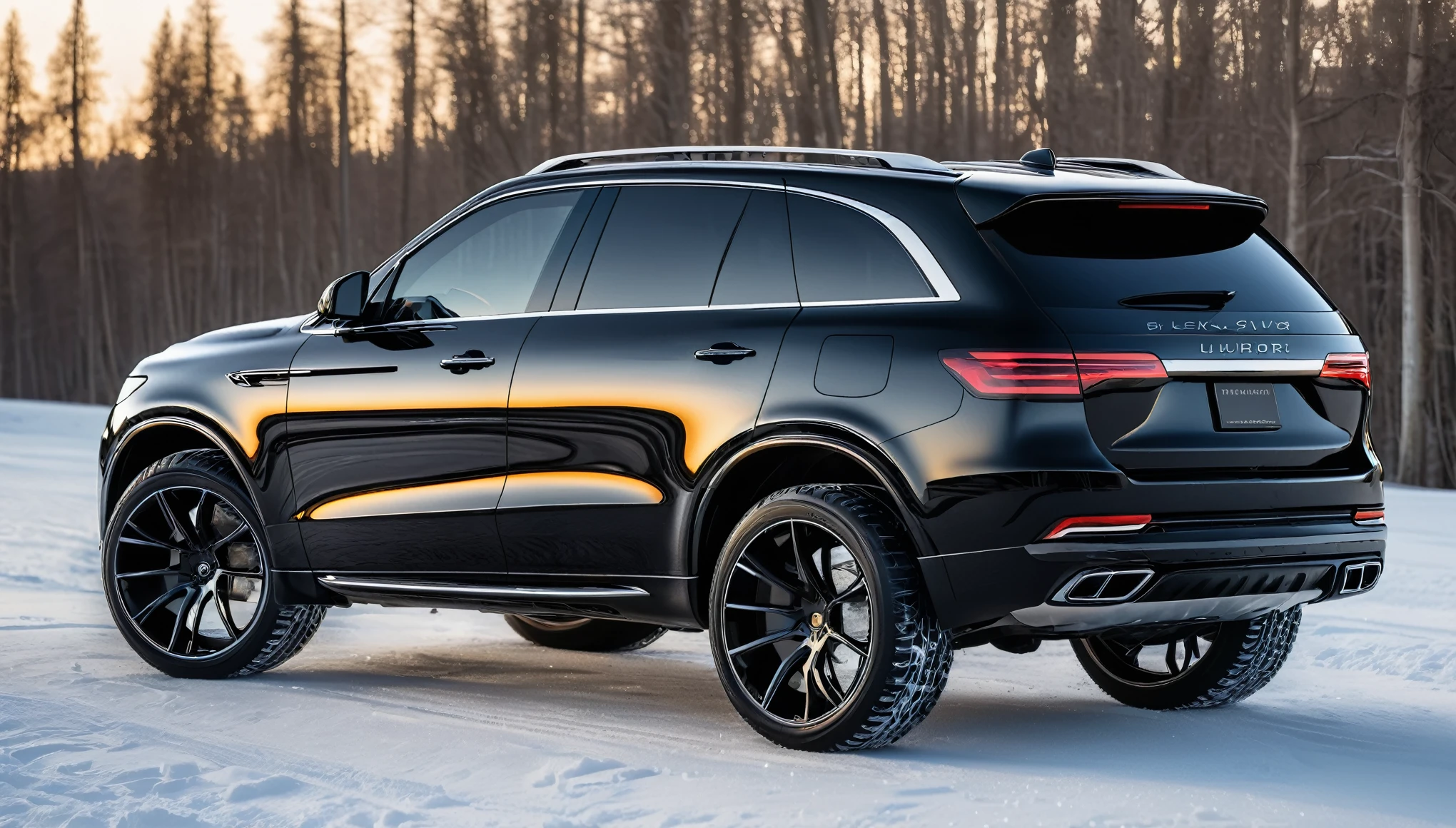 ((Realistic photos of Luxury SUVs)),Black Color、Shiny, Black Chrome Mag Wheels, active, laisure, nature, friendly, Highest quality, Very high resolution, 8k, Elegant, Custom Cars, snow board, Snowboard is propped up, It's snowing,Snow Resort