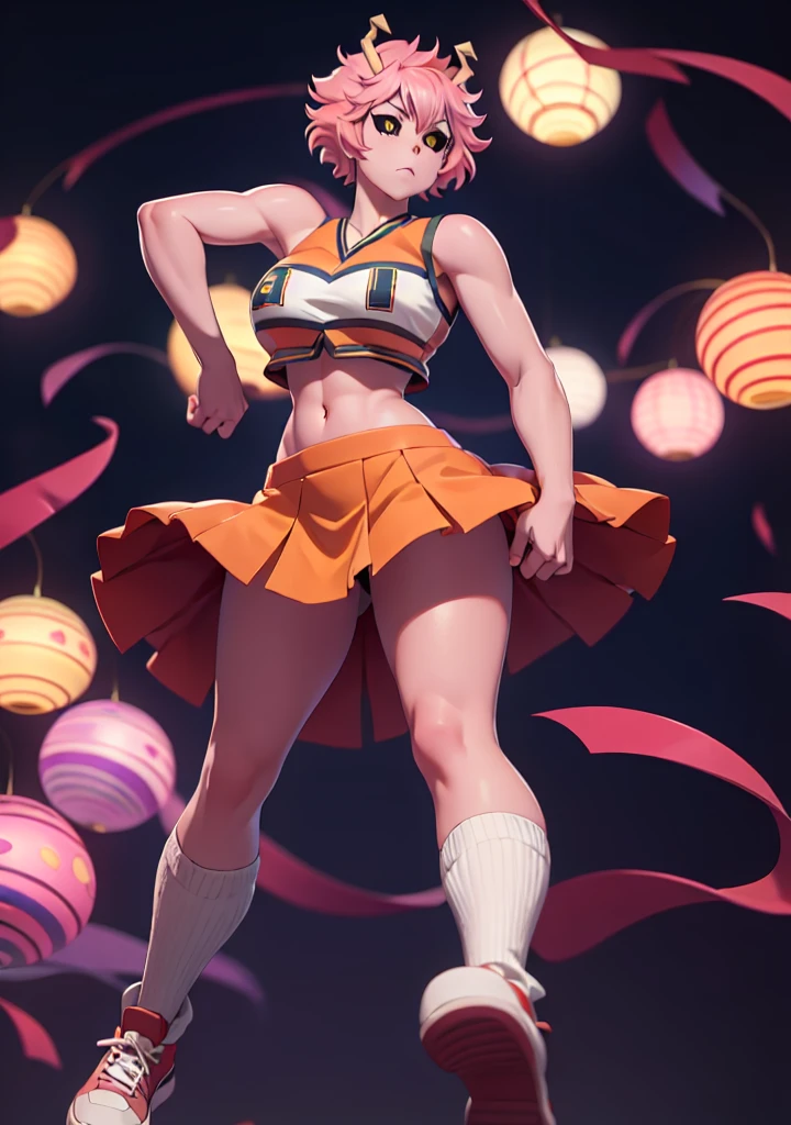 mina ashido, 1girl, solo, looking at viewer, short hair, simple background, yellow eyes, pink hair, horns, colored skin, colored sclera, black sclera, pink skin, U.A. CheerUniform, orange skirt, (bare belly), perfect shading, bare shoulders, big breasts