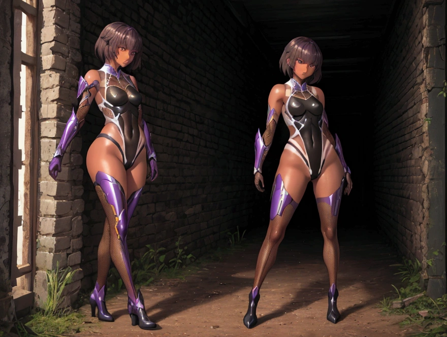 "Mizuki Yukikaze, with determination in the eyes, exploring ancient ruins filled with greenery, while facing mutant creatures. The scene is illuminated by a dim light, creating a mysterious and exciting atmosphere." 1girl, solo, covered_navel, fishnets, leotard, gloves, tan, thighhighs, full_body, elbow_gloves, shiny, looking_at_viewer, brown_hair, purple_eyes, bare_shoulders, short_hair, dark_skin, standing, taimanin_suit, skin_tight, shiny_clothes, highleg, highleg_leotard, small_breasts, dark-skinned_female, shiny_hair, black_leotard, impossible_leotard, breasts, tachi-e, bangs, shiny_skin, armor, tanlines, boots