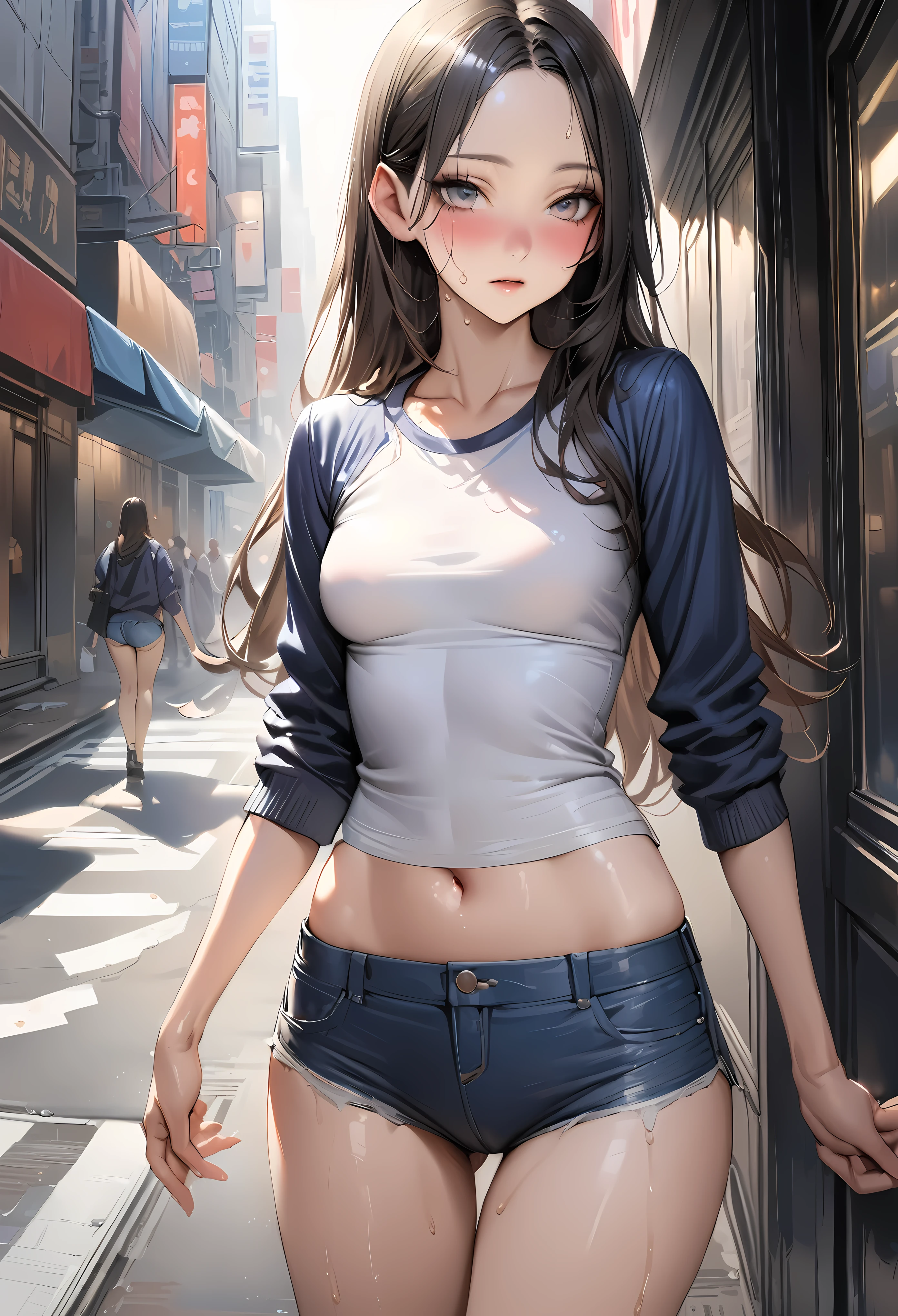 (((masterpiece,Highest quality:1.3,best quality illustration))),((realistic:1.2)),cowboy shot,solo,1woman,(Mature Beauty),black hair,straight long hair,forehead,center parted bangs,black eyes,(gorgeous big eyes),((very small head:1.2)),blush,((very long body,skinny,slender body)),((Navy blue baseball jacket)),small breasts,gleaming skin,oily skin,sweat,denim micro shorts,navel、White tube top shirt,on street,New York City、
