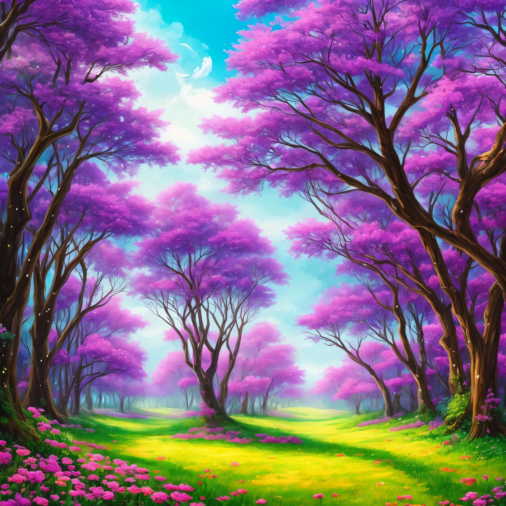 a painting of a purple forest with flowers and trees, magical fantasy forest, very magical and dreamy, magical forest in the background, magical colors and atmosphere, magical colours and atmosphere, magical forest, magic fairy forest, magical landscape, enchanted magical fantasy forest, magical environment, fantasy forest, lost in a dreamy fairy landscape, anime beautiful peace scene, mystical forest lagoon