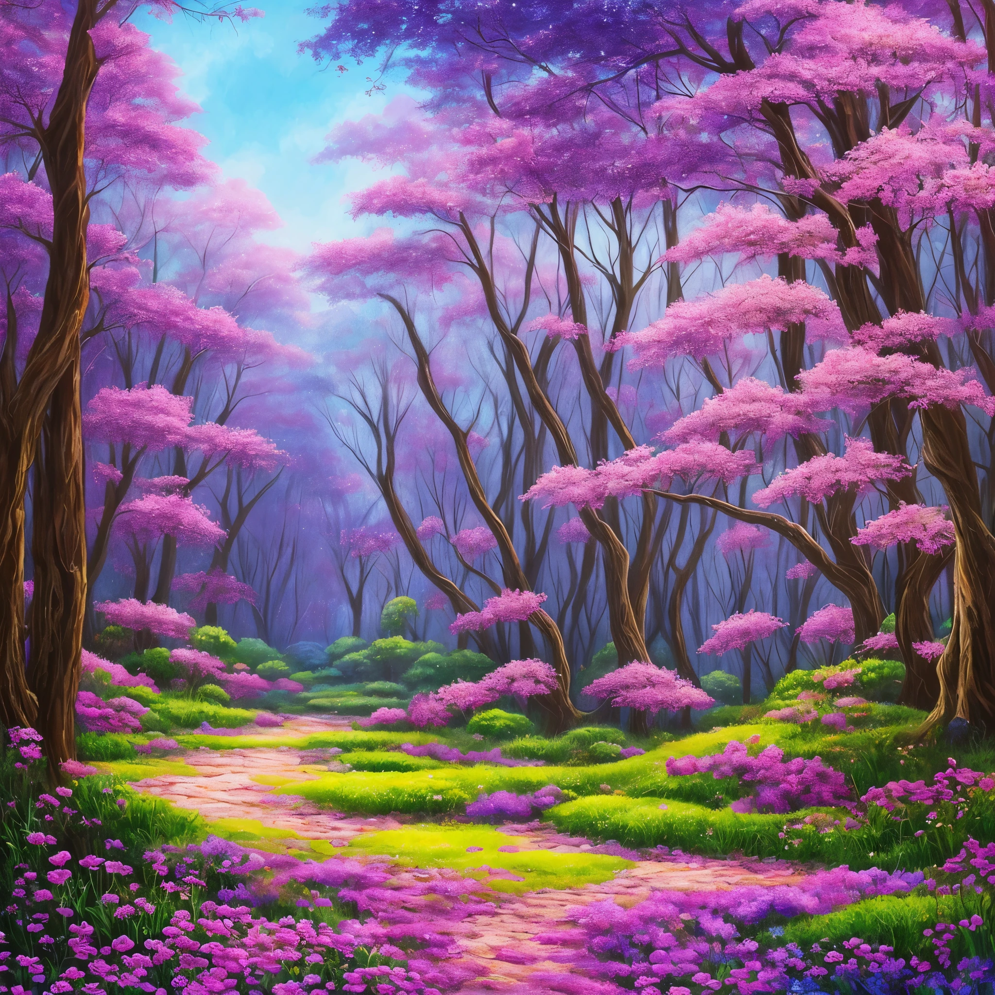 a painting of a purple forest with flowers and trees, magical fantasy forest, very magical and dreamy, magical forest in the background, magical colors and atmosphere, magical colours and atmosphere, magical forest, magic fairy forest, magical landscape, enchanted magical fantasy forest, magical environment, fantasy forest, lost in a dreamy fairy landscape, anime beautiful peace scene, mystical forest lagoon