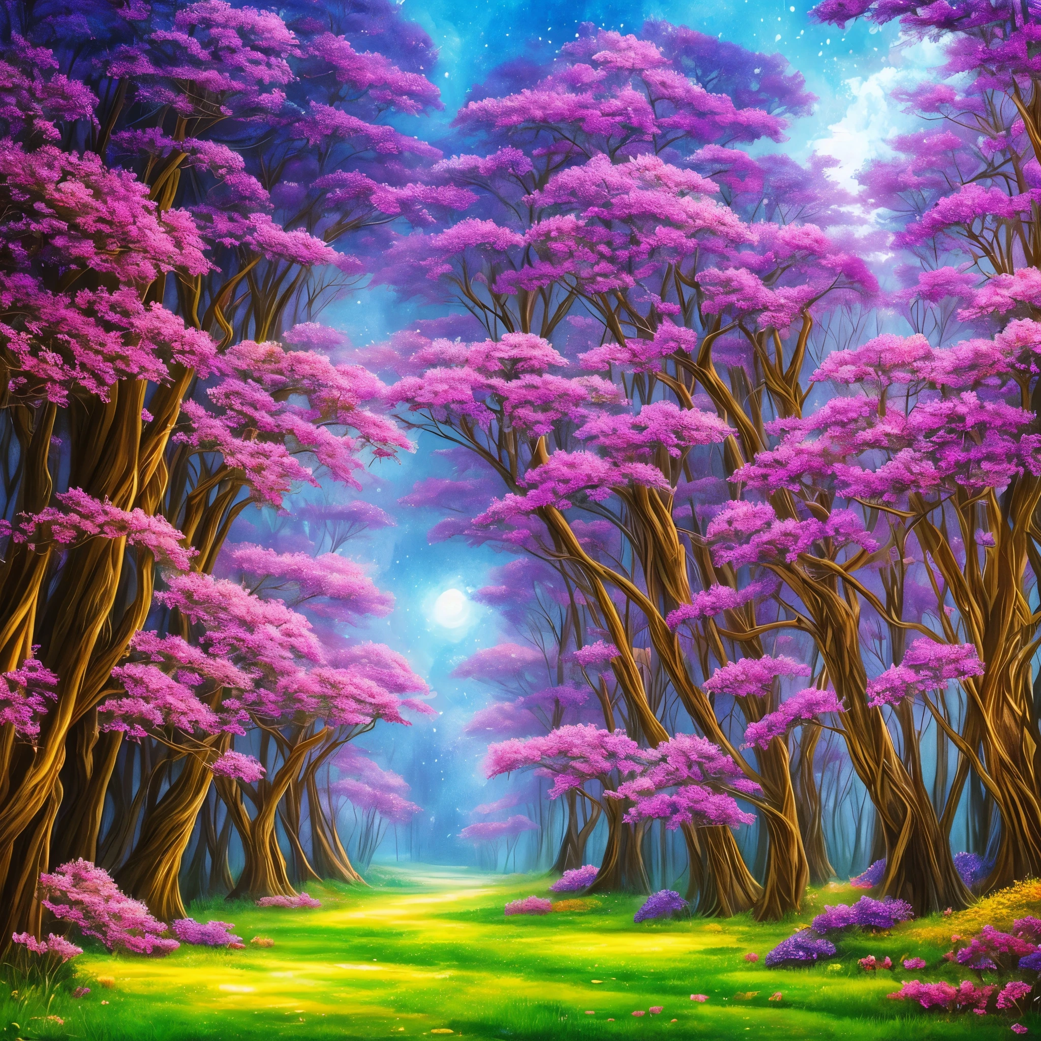 a painting of a purple forest with flowers and trees, magical fantasy forest, very magical and dreamy, magical forest in the background, magical colors and atmosphere, magical colours and atmosphere, magical forest, magic fairy forest, magical landscape, enchanted magical fantasy forest, magical environment, fantasy forest, lost in a dreamy fairy landscape, anime beautiful peace scene, mystical forest lagoon