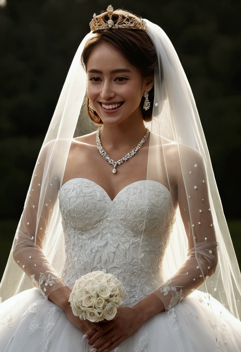 1 Girl),(Thin body),Watching_exist_Viewer,(arms_exist后面_Back:1),
(Front view:1.7),(permanent:1),
(Long Bridal Veil:1.5),(Diamond Wedding Dress:1.1),(transparent:1),(Diamond long sleeves:1),(water:1),(Bridal Crown:1.2),(Diamond necklace:1.3),Lipstick,(Smile:1.1),cosmetic,