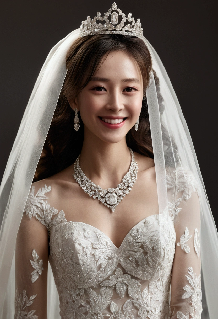 1 Girl),(Thin body),Watching_exist_Viewer,(arms_exist后面_Back:1),
(Front view:1.7),(permanent:1),
(Long Bridal Veil:1.5),(Diamond Wedding Dress:1.1),(transparent:1),(Diamond long sleeves:1),(water:1),(Bridal Crown:1.2),(Diamond necklace:1.3),Lipstick,(Smile:1.1),cosmetic,