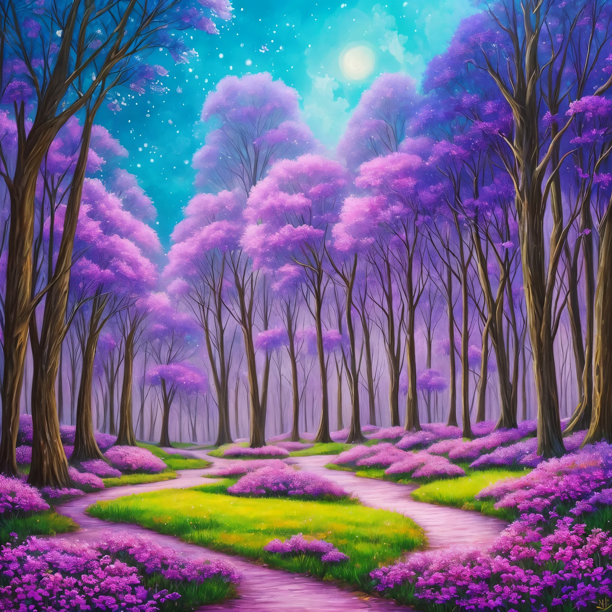 a painting of a purple forest with flowers and trees, magical fantasy forest, very magical and dreamy, magical forest in the background, magical colors and atmosphere, magical colours and atmosphere, magical forest, magic fairy forest, magical landscape, enchanted magical fantasy forest, magical environment, fantasy forest, lost in a dreamy fairy landscape, anime beautiful peace scene, mystical forest lagoon