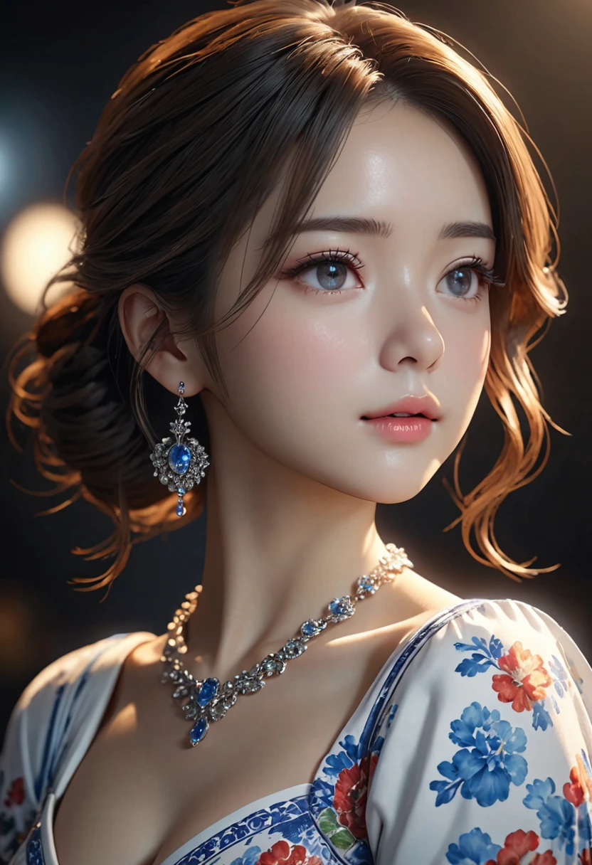 Best Quality, Masterpiece, High Resolution, 1girl, Porcelain Dress, Hair Accessories, Necklace, Jewelry, Pretty Face, On Body, Tyndall Effect, Realistic, Shadow Studio, Rim Lighting, Dual Tone Lighting, (High Detail Skins: 1.2), 8k UHD, dslr, soft light, high quality, volume light, sneak shot, photo, high resolution, 4k, 8k, background blur,