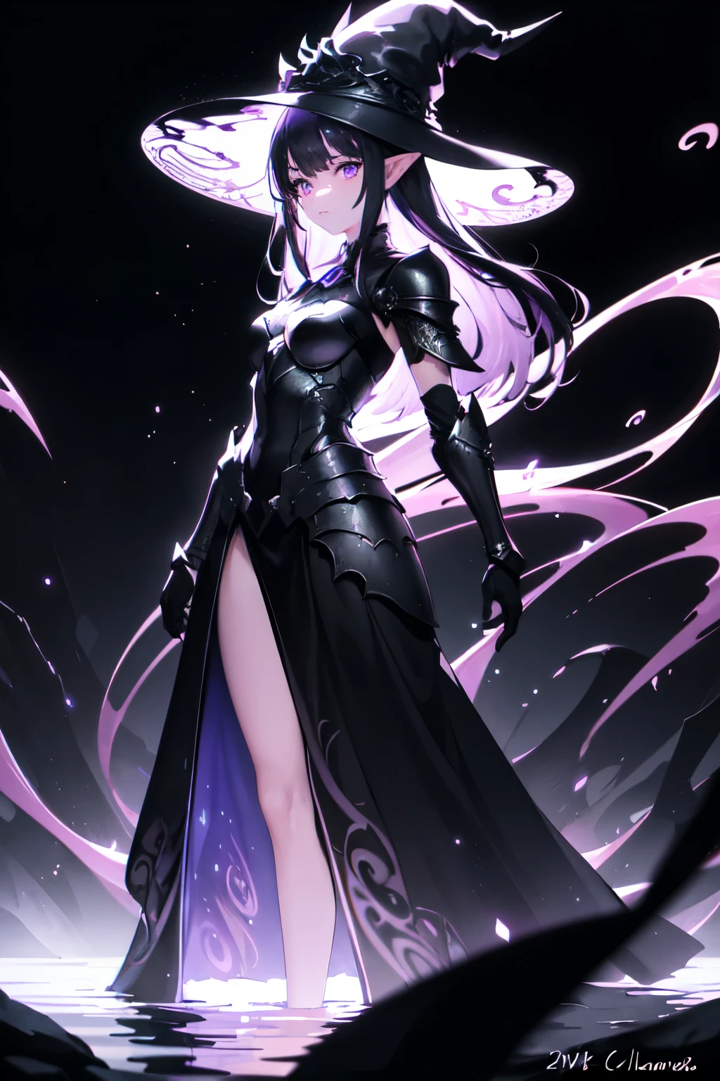 (masterpiece, Best quality, ultra detailed, best shadow), (detailed background,dark fantasy), (beautiful detailed face), high contrast, (Better lighting, very gentle and beautiful), ((cinematic light)), colorful, hyperdetailing, (1 girl, elf, Pink eyes, serious face, black and purple hair, black tight armor, Black Witch Hat), (swirling black light around the character:1.5), depth of field, Black light particles, (distant view), (standing in the water), (hair detail), (beautiful eyes), (side view), (eye detail), (armor detailing), (Full length character)