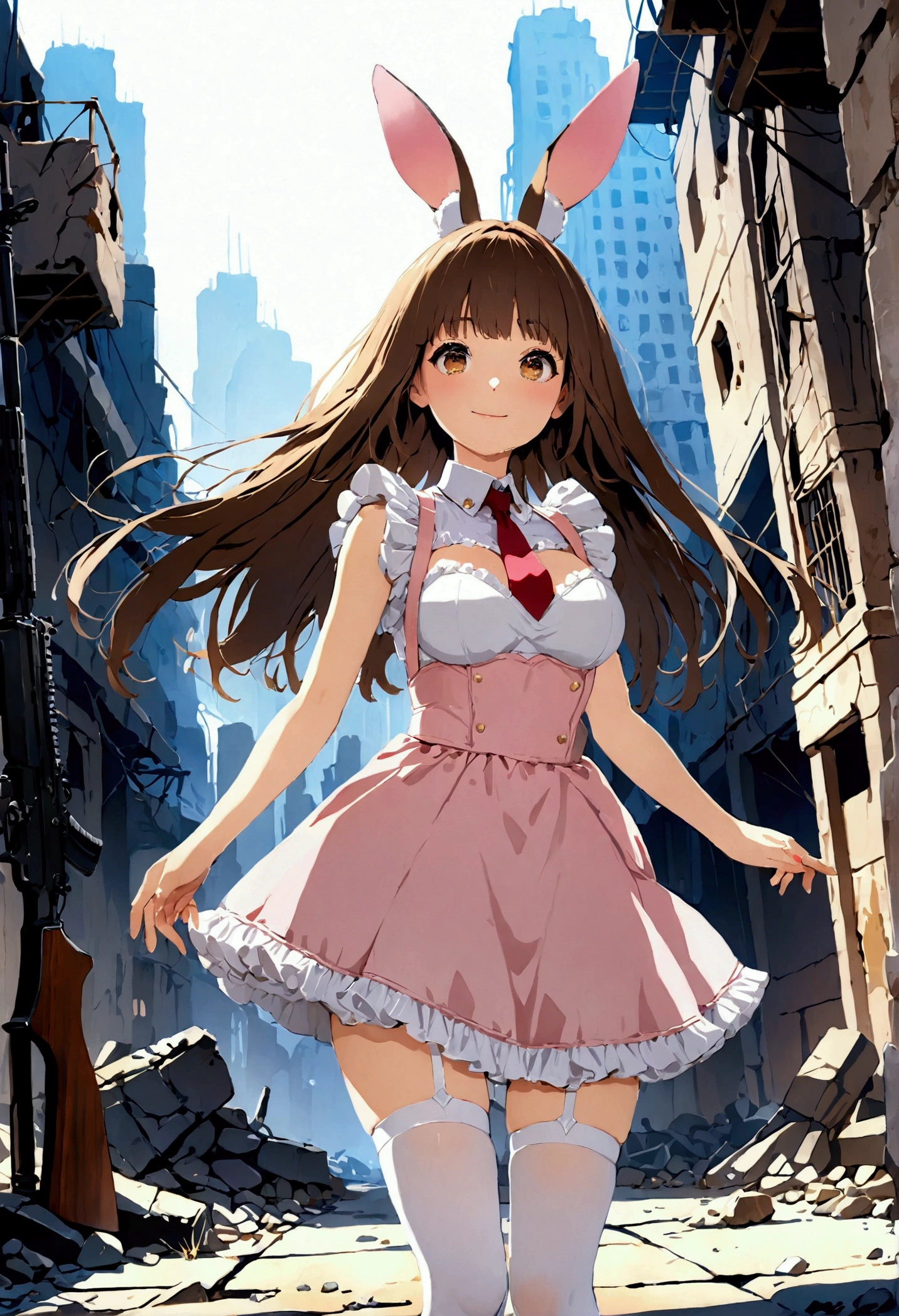 ((1girl)),  super fine illustration, vibrant colors, absurdres extremely detailed CG, 8k wallpaper, (masterpiece:1.3), dynamic angle, dynamic pose, 
best quality, depth of field, cinematic lighting, ultra detailed, brown long hair, very straight hair, large breast, white knit dress , 20yo, cute, very baby face, brown eyes, kawaii, tender smile, droopy eyes, arms at sides, pink leotad, white mechanical bunny ear, red necktie, pink maid uniform, white thighhighs pantyhose, modern military rifle, ruin city, Post-apocalypse