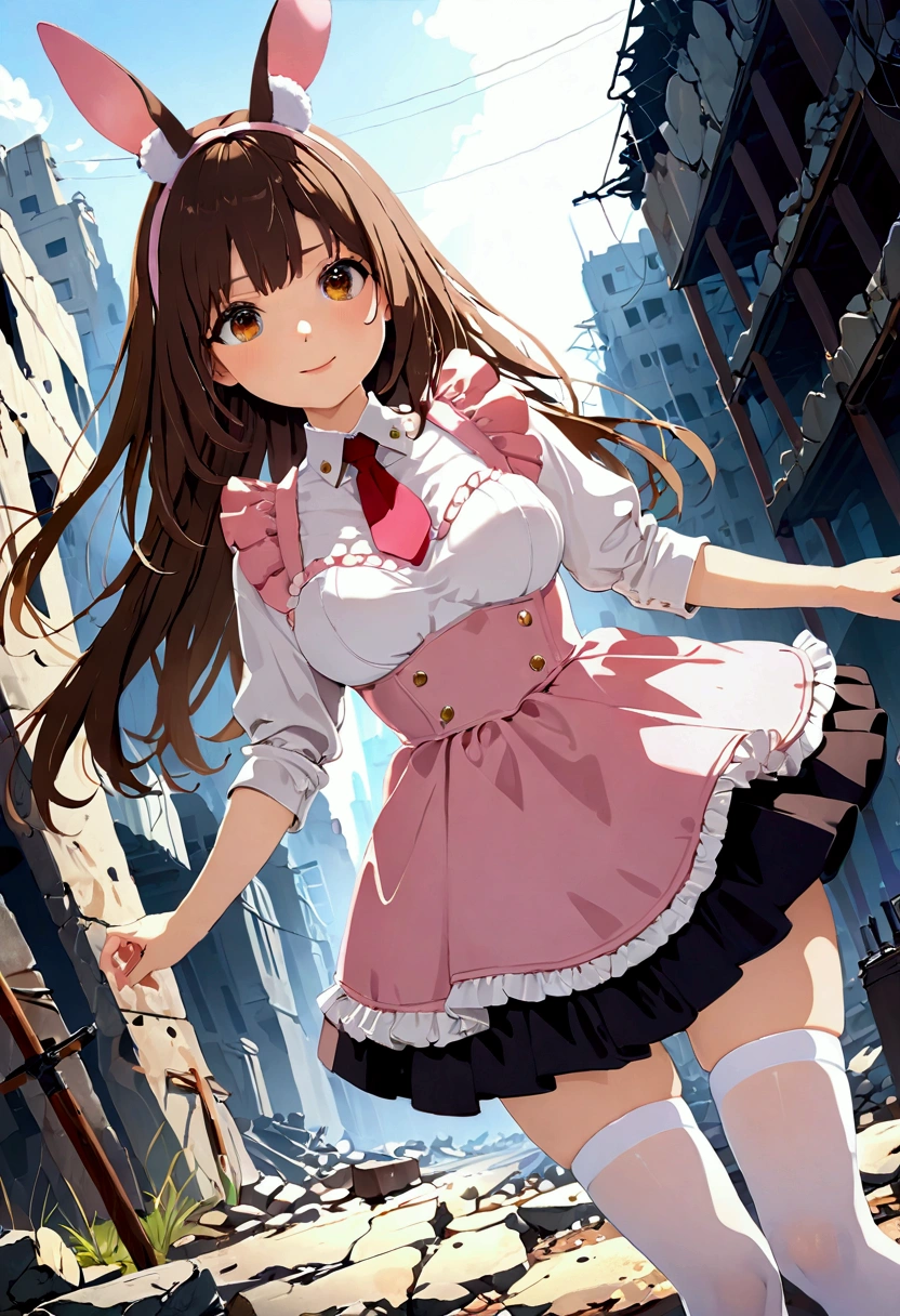 ((1girl)),  super fine illustration, vibrant colors, absurdres extremely detailed CG, 8k wallpaper, (masterpiece:1.3), dynamic angle, dynamic pose, 
best quality, depth of field, cinematic lighting, ultra detailed, brown long hair, very straight hair, large breast, white knit dress , 20yo, cute, very baby face, brown eyes, kawaii, tender smile, droopy eyes, arms at sides, pink leotad, white mechanical bunny ear, red necktie, pink maid uniform, white thighhighs pantyhose, modern military rifle, ruin city, Post-apocalypse