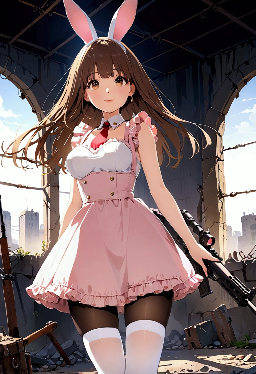 ((1girl)),  super fine illustration, vibrant colors, absurdres extremely detailed CG, 8k wallpaper, (masterpiece:1.3), dynamic angle, dynamic pose, 
best quality, depth of field, cinematic lighting, ultra detailed, brown long hair, very straight hair, large breast, white knit dress , 20yo, cute, very baby face, brown eyes, kawaii, tender smile, droopy eyes, arms at sides, pink leotad, white mechanical bunny ear, red necktie, pink maid uniform, white thighhighs pantyhose, modern military rifle, ruin city, Post-apocalypse