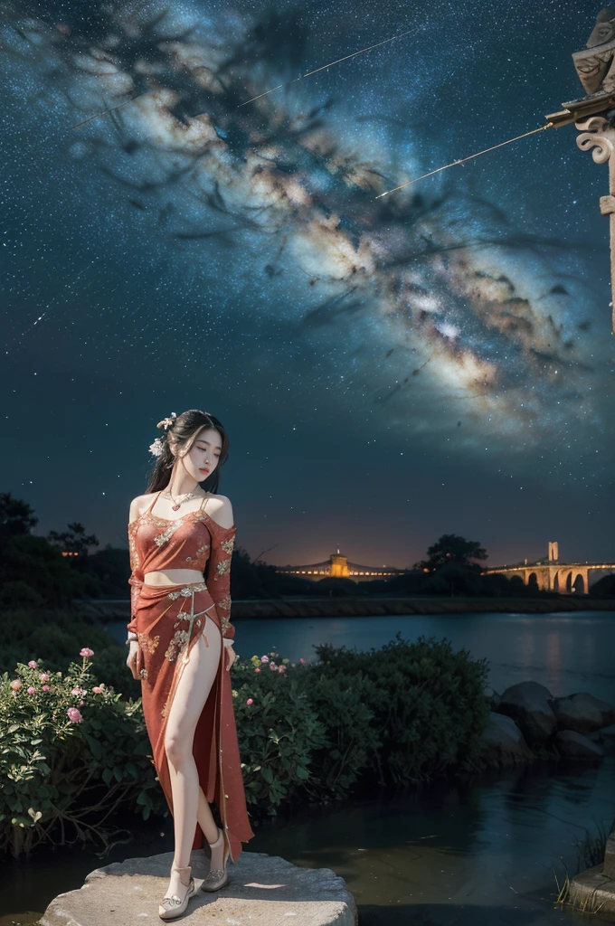 (((best quality))),(((ultra detailed))),(((masterpiece))),illustration,((1 beautiful girl,solo)),(shoulder length straight hair:1.2),((earrings,necklace)),((slim,thin)),((small breasts,flat chest)),(gorgeous sheer red Hanfu:1.5),(slender legs:1.2),(loafers:1.2),(standing:1.3),(arms behind back:1.5),(on the stone arch bridge:1.3),((starry sky,the Milky Way,horizon)),elegance, grace, sophisticated updo, delicate hairpins, twinkling stars, radiant smile, bright eyes, wonder, beauty of the night sky, intricate patterns, flowers, birds, vibrant colors, ethereal, enchanting, old bridge, weathered, sturdy, natural surroundings, serene, peaceful atmosphere, rippling water, stars, graceful silhouette, magic, tranquility, twinkling stars, mesmerizing canopy of light, cool air, crisp, faint scent of blooming flowers, contemplation, admiration, ancient China, timeless, rich culture, traditions, captivating, enchanting atmosphere, myth, legend,((from front,full body))