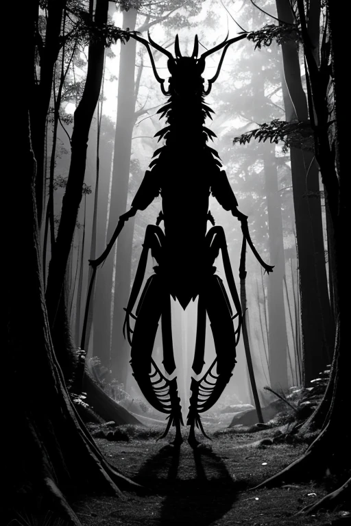 high resolution、Delicate depiction、８K、Fantasy、in the forest、昼なのに暗いin the forest、Creatures standing before your eyes、３meter、silhouette、２Benzu、upright、Fine details are not visible、Shadow、A monster similar to a praying mantis