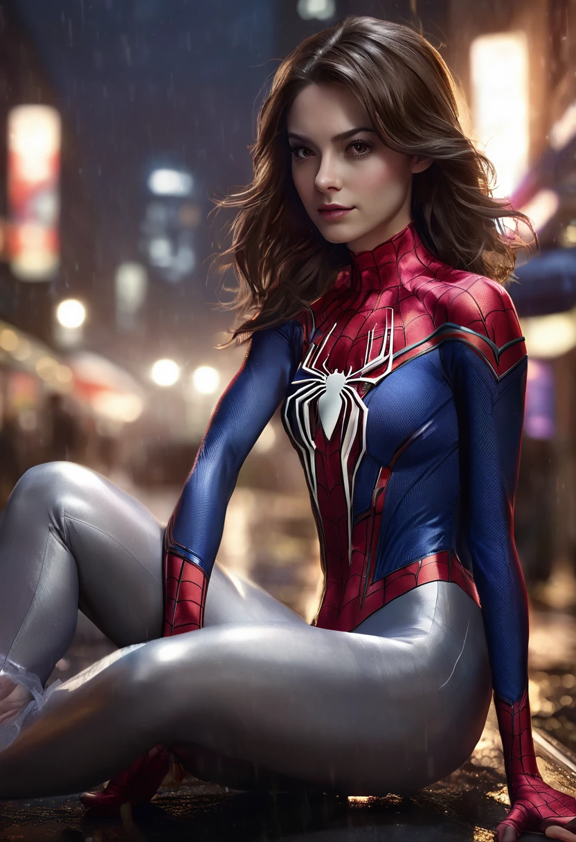 1 woman, night environment, wearing female version Marvel Spider-Man costume, slim female body, detailed facial features, modest outfit, feminine brown eyes, detailed white skin, brown hair, image showing full body, dramatic lighting, cinematic composition, cold palette, dark colors, atmospheric fog, thin body, thin chin, cheerful face, young woman 25 years old, (best quality, 4K, 8K, high resolution, art: 1.2), ultra-detailed, (realistic, photorealistic, photorealistic: 1.37 )