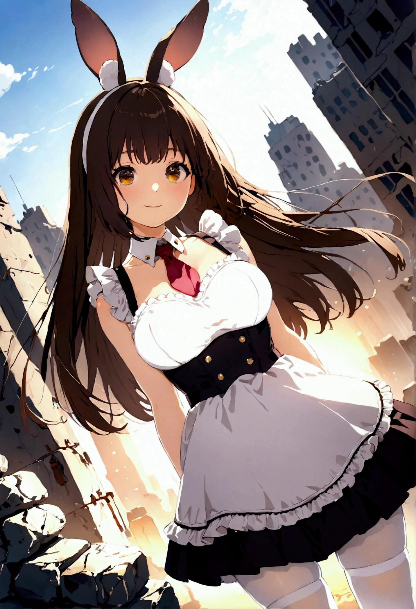 ((1girl)),  super fine illustration, vibrant colors, absurdres extremely detailed CG, 8k wallpaper, (masterpiece:1.3), dynamic angle, dynamic pose, 
best quality, depth of field, cinematic lighting, ultra detailed, brown long hair, very straight hair, large breast, white knit dress , 20yo, cute, very , brown eyes, kawaii, tender smile, droopy eyes, arms at sides, pink leotad, white mechanic bunny ear, red necktie, pink maid uniform, white thighhighs pantyhose, modern military heavy machine gun, ruin city, Post-apocalypse