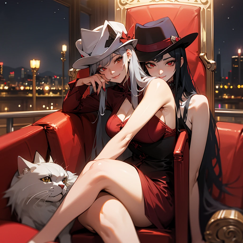 A woman with long silver hair and straight bangs,red eye,wearing a red sexy fy dress,and wearing a fedora hat woman,thug smile to camera,sit on the chair at night club,scenery fancy and beautiful around her,a persian cat laying on her thighs