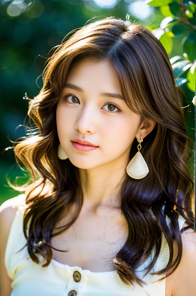 loose wavy hair、brown hair with highlights、Best image quality、simple white studio、Photo from the front, photorealestic, beautiful 18 year old young woman, 、Her hair is long。High resolution、​masterpiece、highest quality、Head w:1.0、((Hasselblad Photos))、fine skin . she smiles, very nice masterpiece, uhd, pretty earrings, perfect face, beautiful perfect body, ultradetailed, intricate, perfect lips,