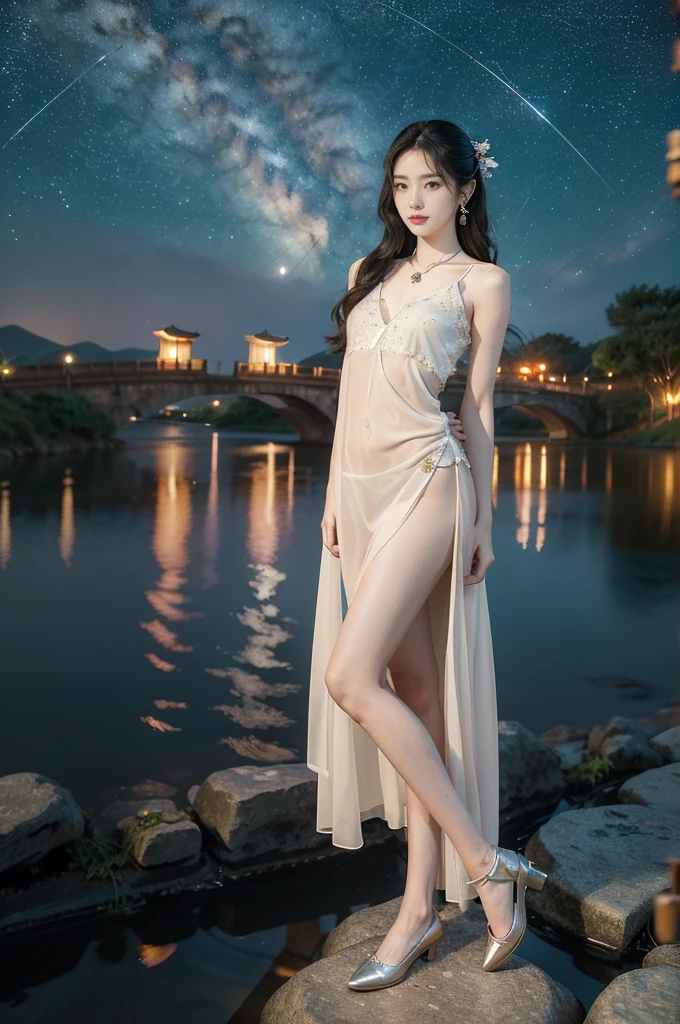 (((best quality))),(((ultra detailed))),(((masterpiece))),illustration,((1 beautiful girl,solo)),(shoulder length straight hair:1.2),((earrings,necklace)),((slim,thin)),((small breasts,flat chest)),(gorgeous sheer red Hanfu:1.5),(slender legs:1.2),(loafers:1.2),(standing:1.3),(arms behind back:1.5),(on the stone arch bridge:1.3),((starry sky,the Milky Way,horizon)),elegance, grace, sophisticated updo, delicate hairpins, twinkling stars, radiant smile, bright eyes, wonder, beauty of the night sky, intricate patterns, flowers, birds, vibrant colors, ethereal, enchanting, old bridge, weathered, sturdy, natural surroundings, serene, peaceful atmosphere, rippling water, stars, graceful silhouette, magic, tranquility, twinkling stars, mesmerizing canopy of light, cool air, crisp, faint scent of blooming flowers, contemplation, admiration, ancient China, timeless, rich culture, traditions, captivating, enchanting atmosphere, myth, legend,((from front,full body))